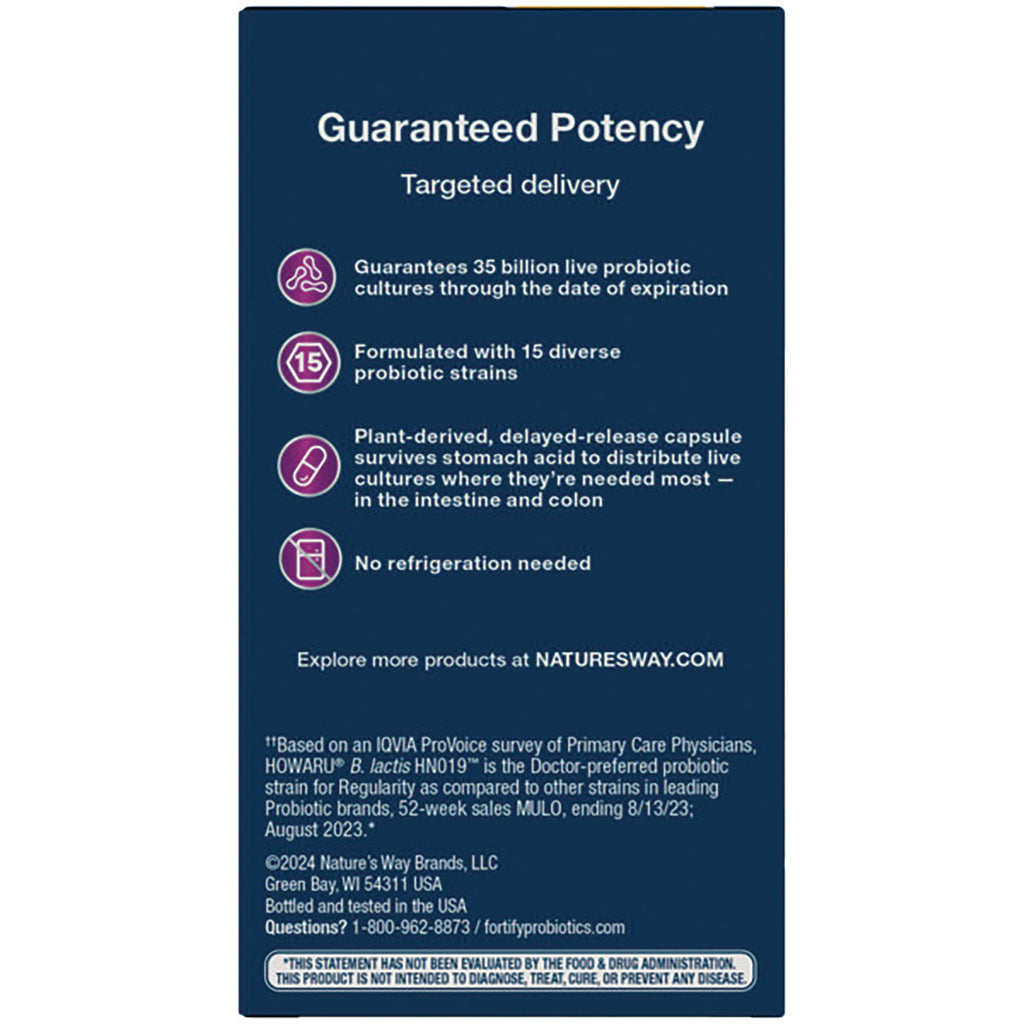 NW642 | Product infographic titled Guaranteed Potency listing targeted delivery, 35 billion live probiotics, 15 strains, delayed-release capsule, no refrigeration - Thumbnail