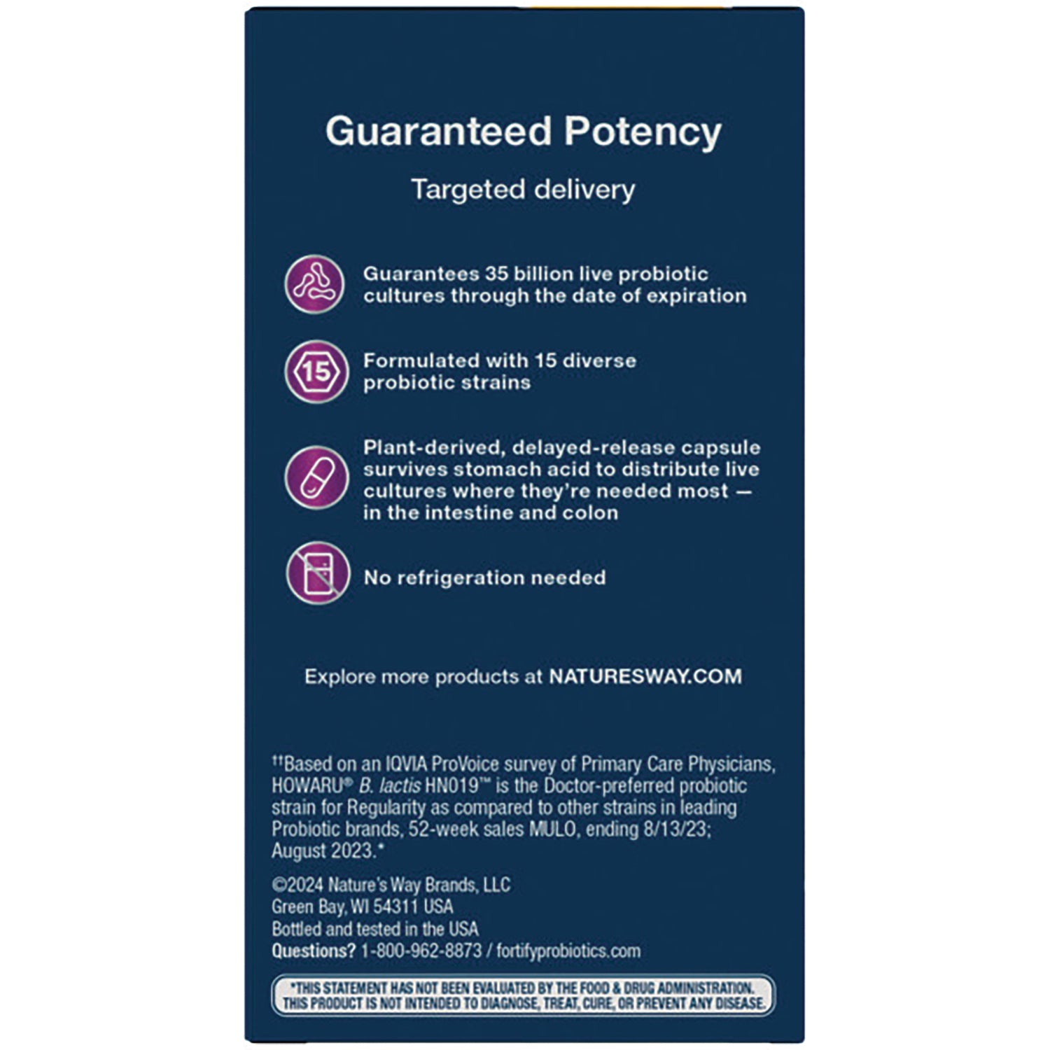 NW642 | Product infographic titled Guaranteed Potency listing targeted delivery, 35 billion live probiotics, 15 strains, delayed-release capsule, no refrigeration