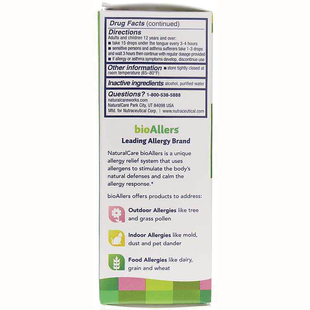 NTB041 | Back of bioAllers product box showing drug facts, directions, inactive ingredients and allergy categories for outdoor, indoor, food - Thumbnail