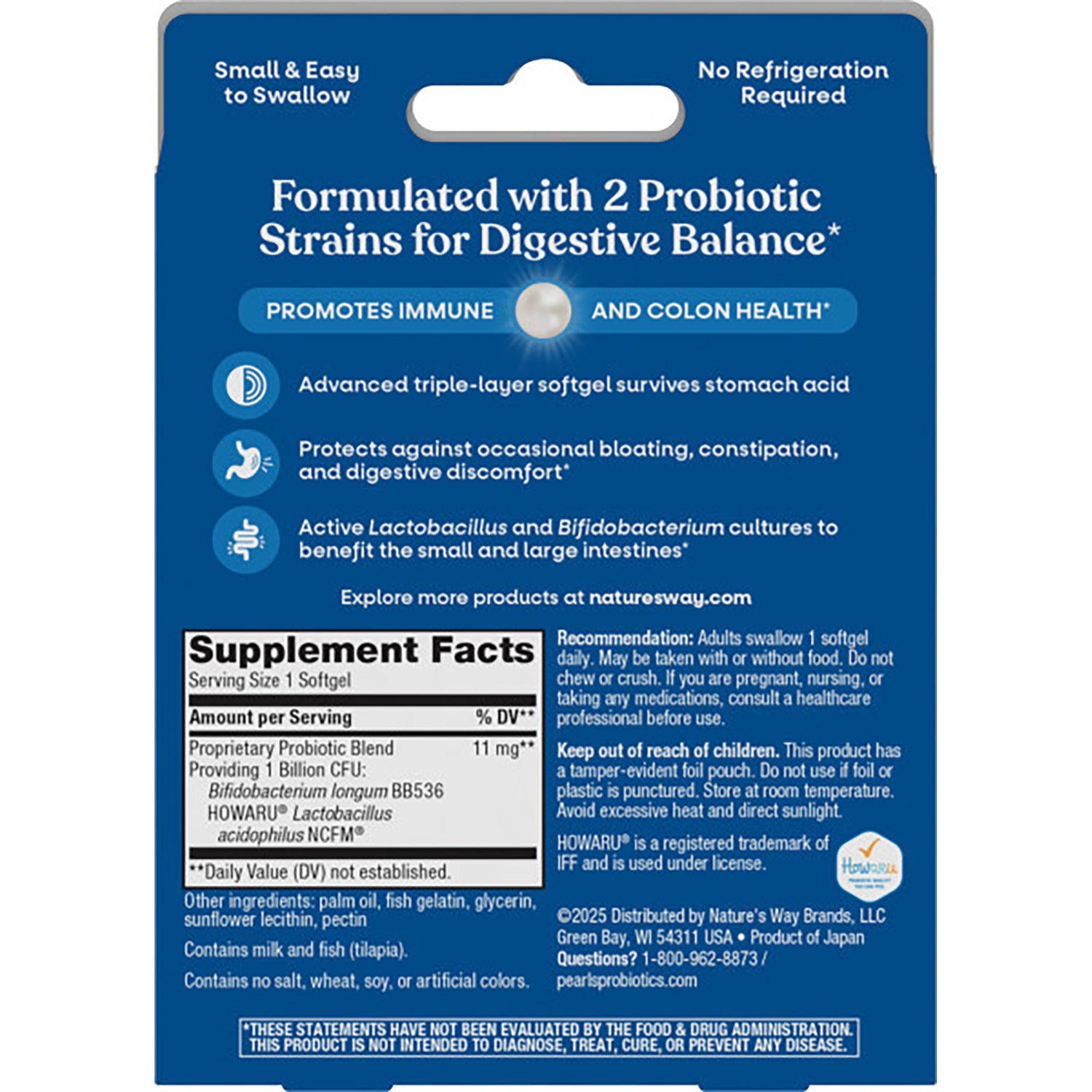 ET284 | Back of probiotic supplement card showing Formulated with 2 Probiotic Strains for Digestive Balance, benefits and Supplement Facts panel