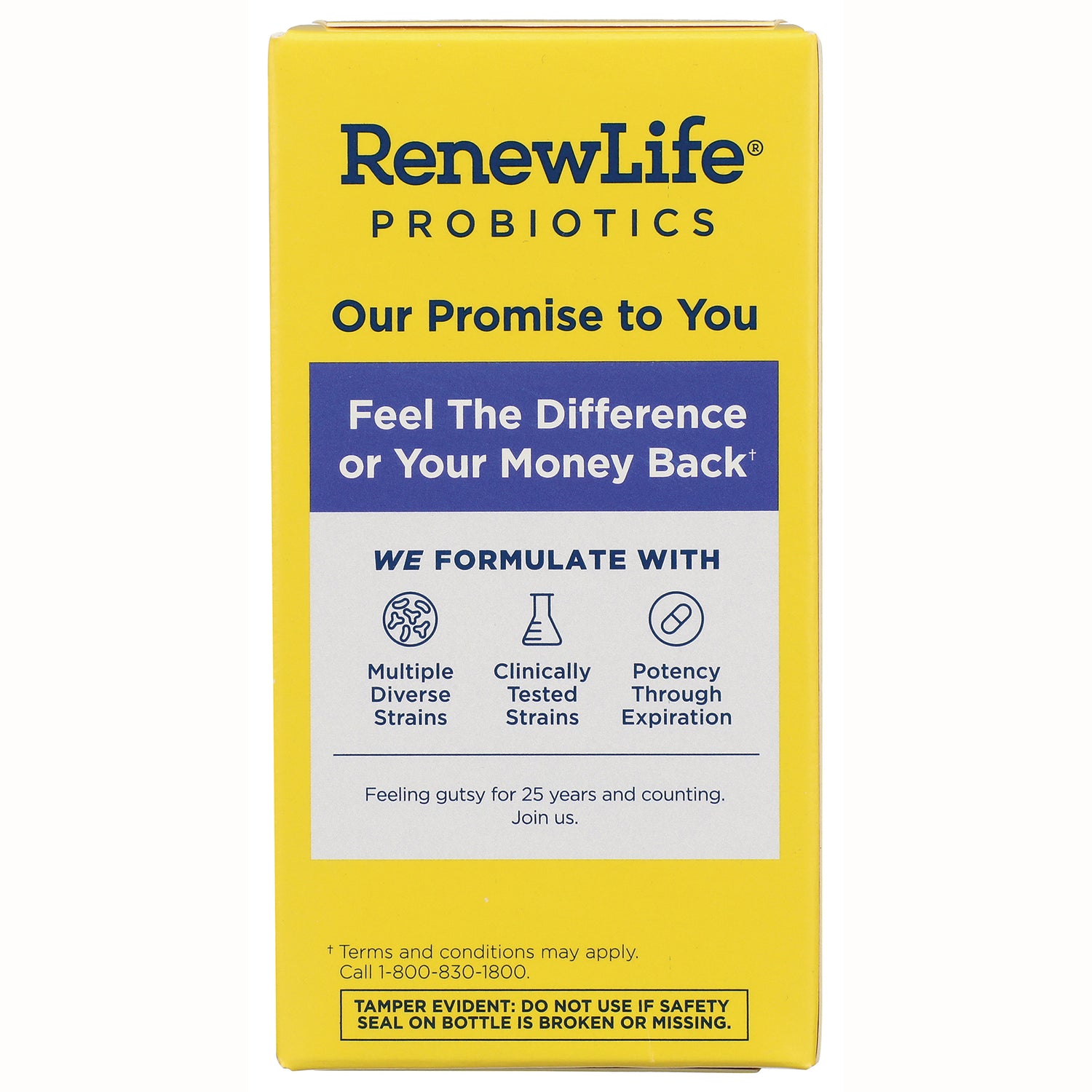 RNL209 | RenewLife Probiotics product infographic panel reading Feel The Difference or Your Money Back with formulation icons