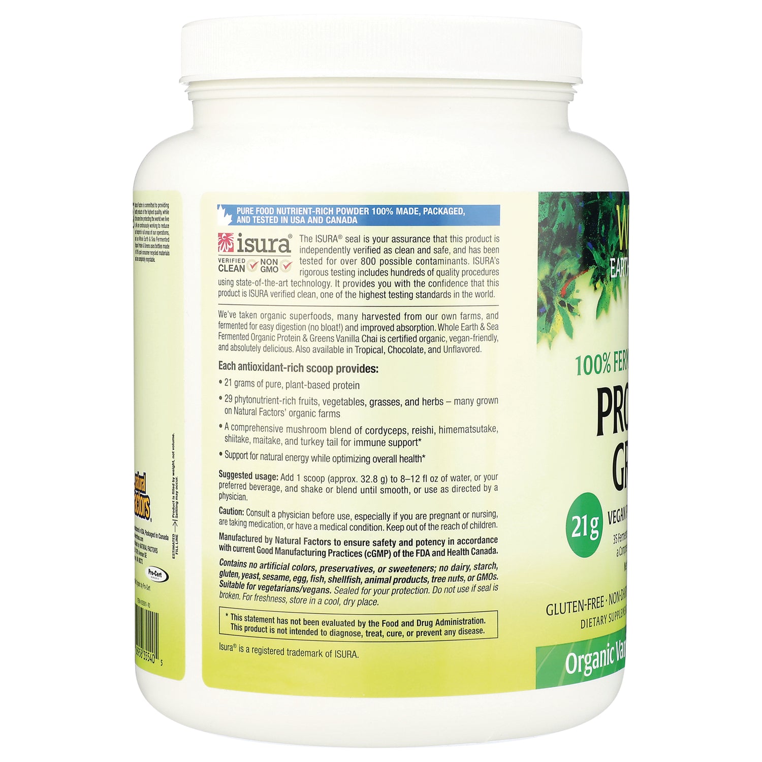 NFC194 | back label and product infographic showing supplement facts, usage, and ingredient highlights on white tub