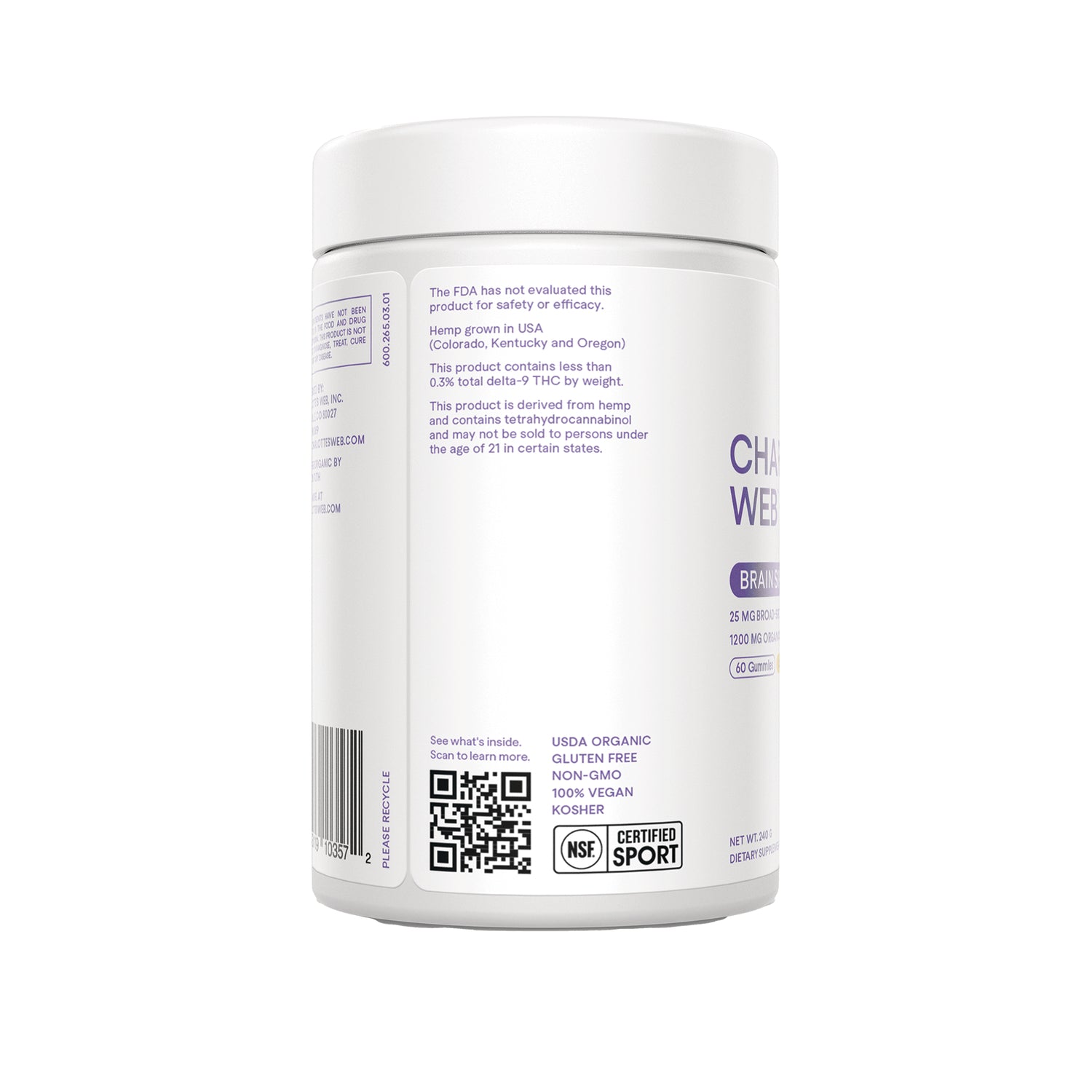 RE003 | Back of white supplement jar showing QR code, barcode, certifications and small regulatory text