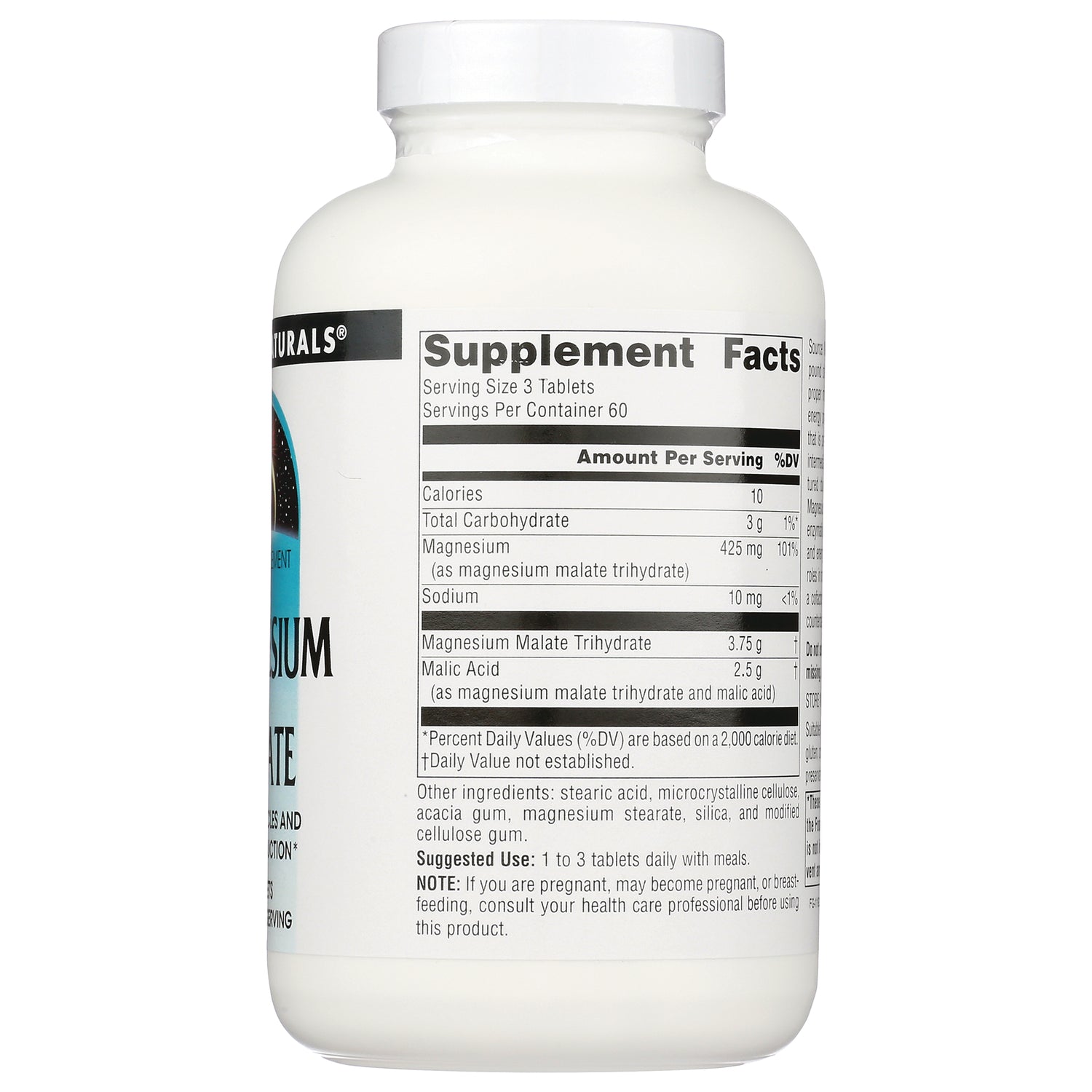 SN120 | Back of white supplement bottle showing Supplement Facts panel and suggested use text