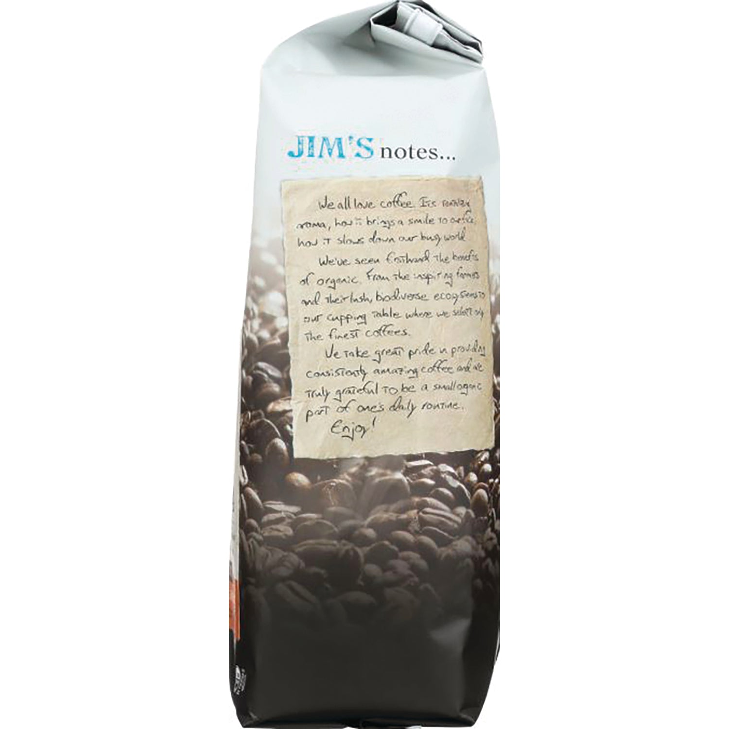 JOC009 | product infographic side panel showing JIM'S notes text over roasted coffee beans