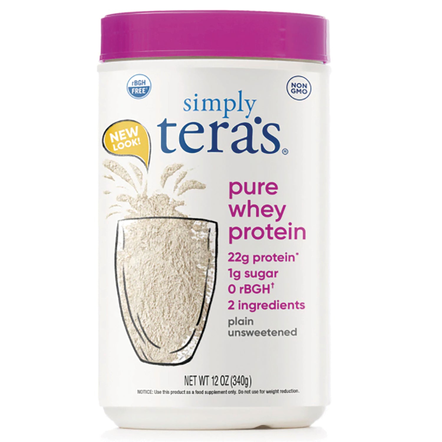 TER015 | Simply Tera's pure whey protein, plain unsweetened, 12 oz canister; 22g protein, 1g sugar, 0 rBGH
