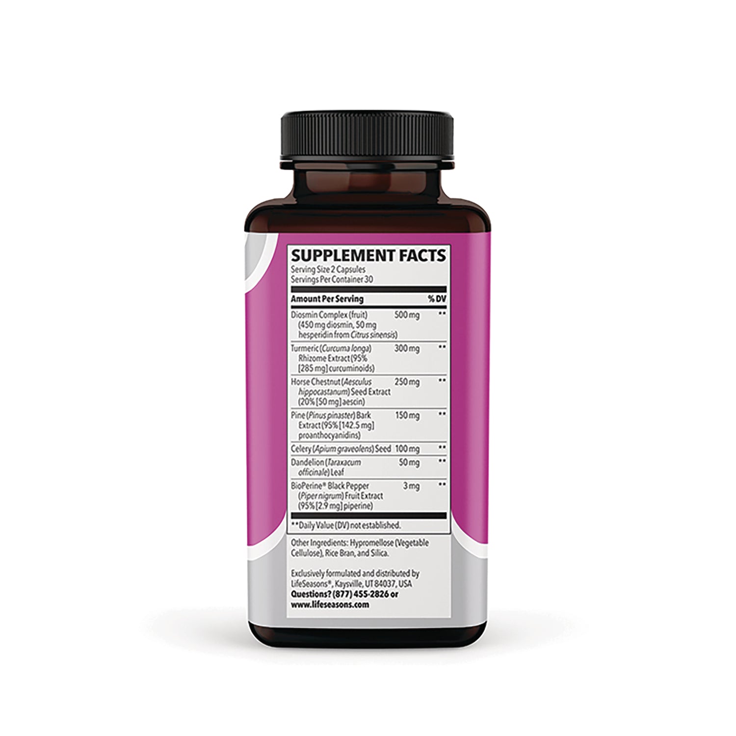 LSS009 | supplement facts label on back of brown supplement bottle showing ingredients and serving size