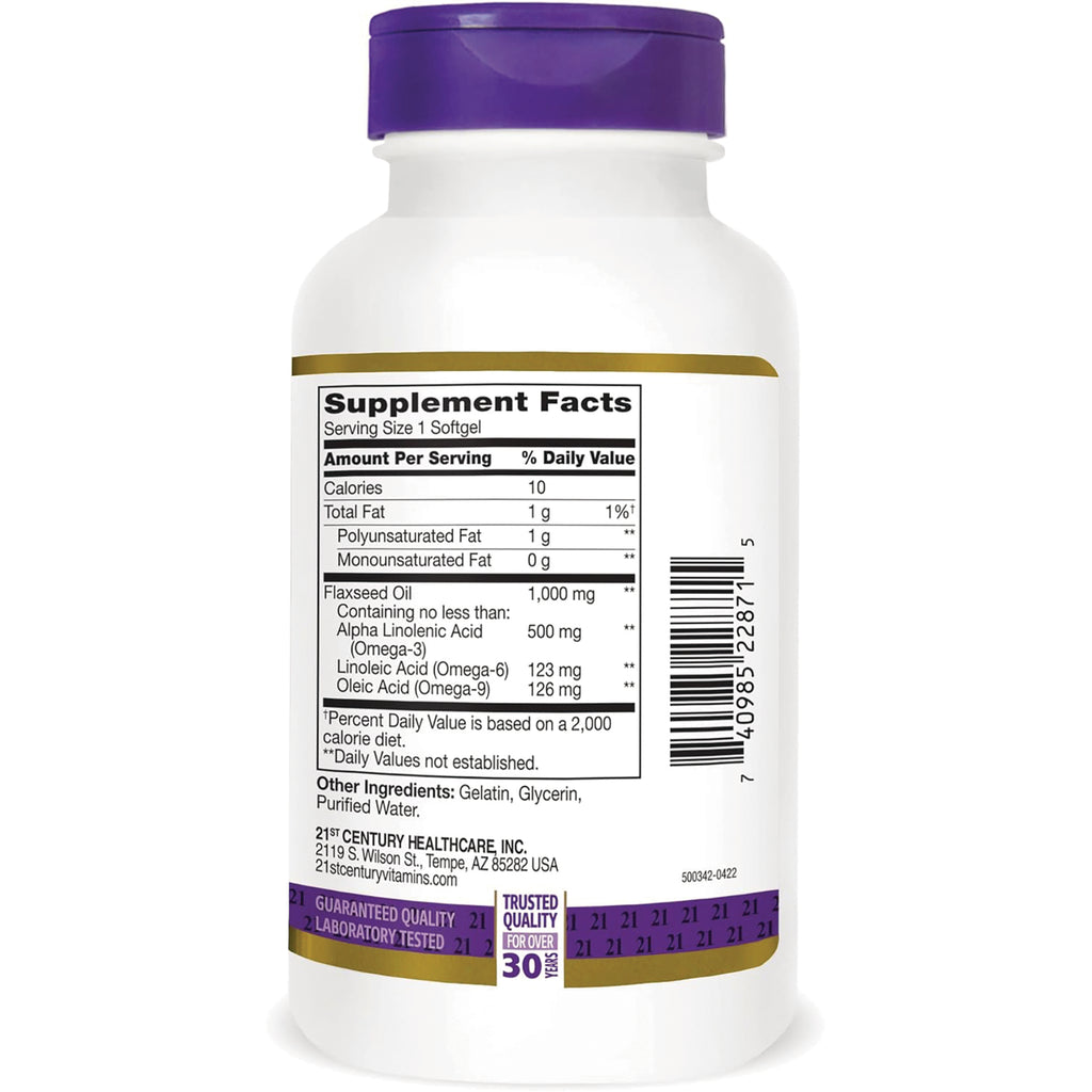 CNT054 | back label with Supplement Facts for flaxseed oil softgel, Serving Size 1 Softgel, Flaxseed Oil 1,000 mg and barcode - Thumbnail
