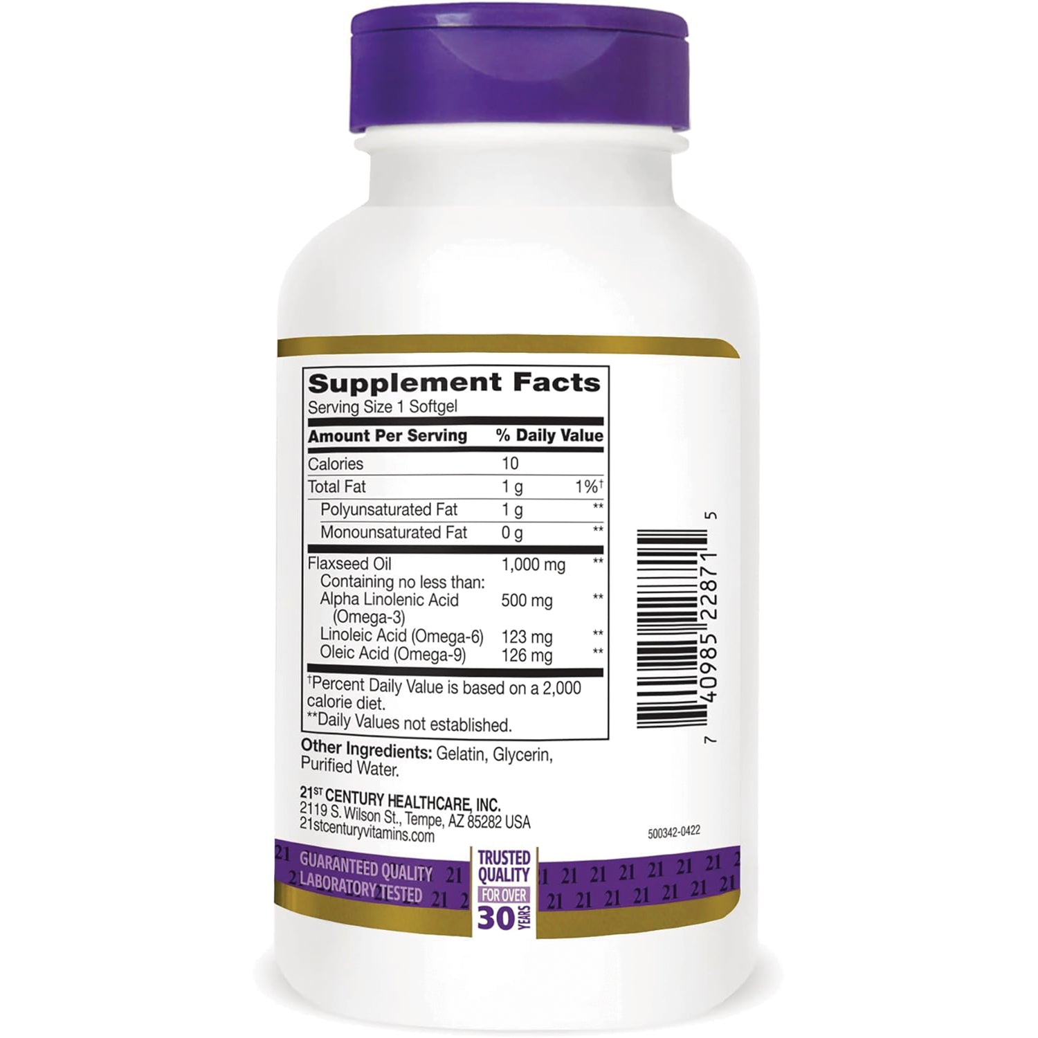 CNT054 | back label with Supplement Facts for flaxseed oil softgel, Serving Size 1 Softgel, Flaxseed Oil 1,000 mg and barcode