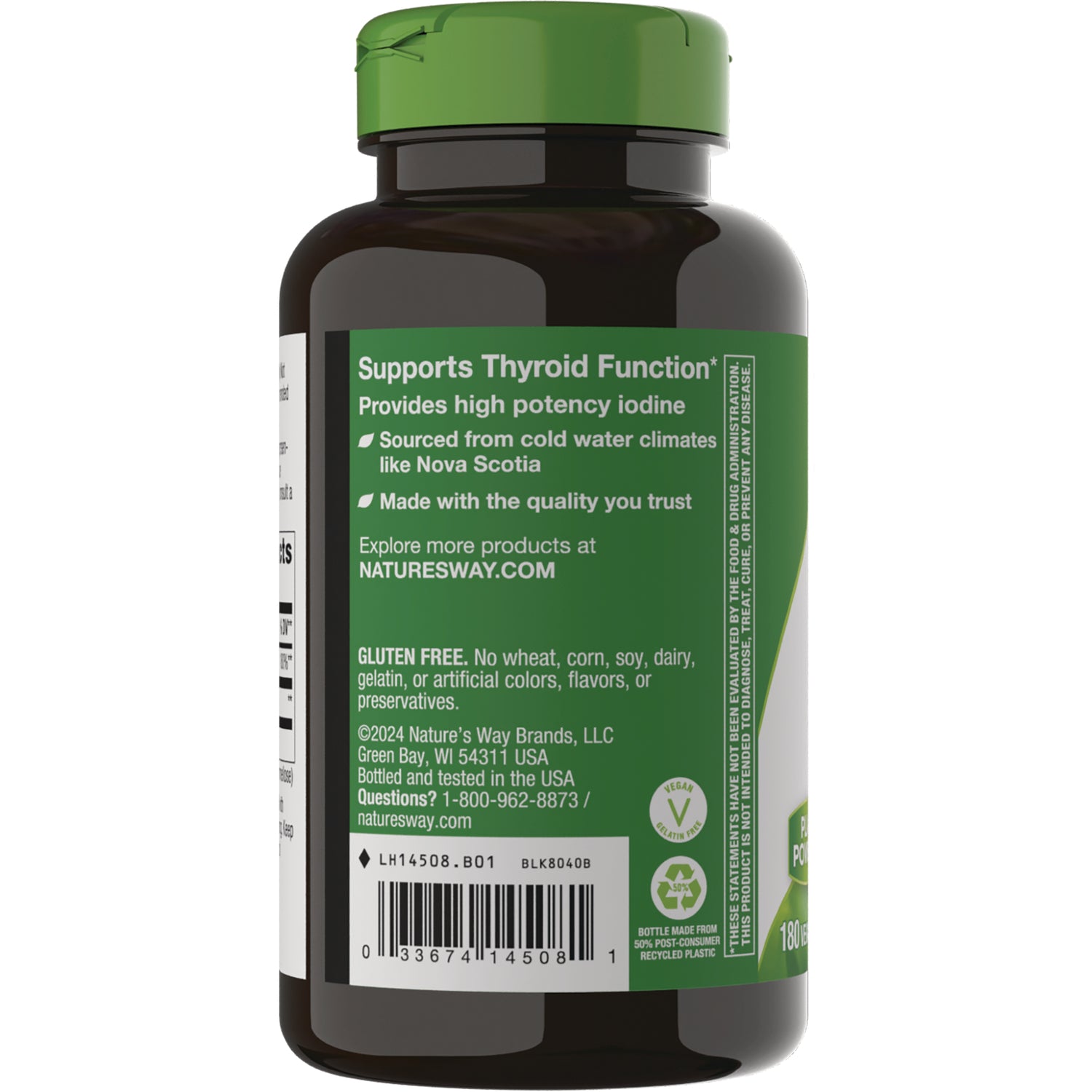 NW490 | Back label of brown supplement bottle reading Supports Thyroid Function, gluten free, barcode and contact info