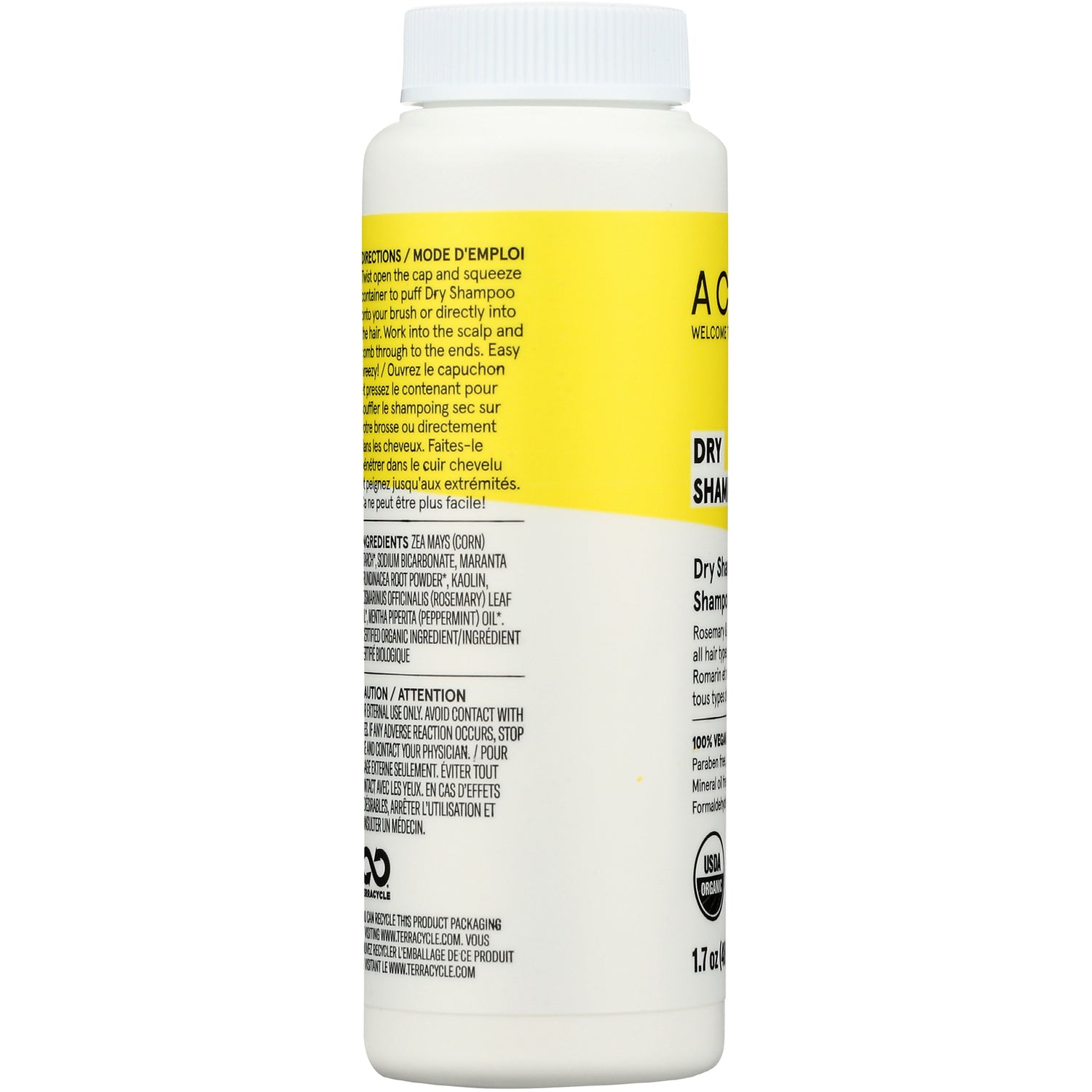 ACR005 | Back label of white bottle with yellow panel showing ingredients and 'Dry Shampoo' text