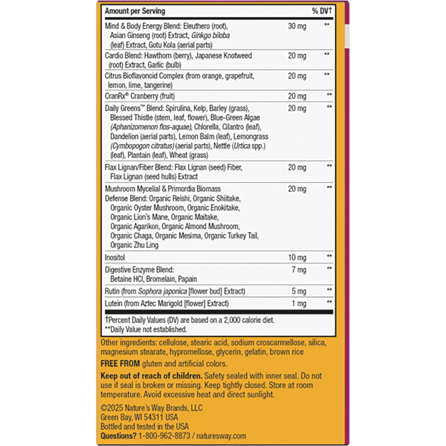NW709 | Back panel with supplement facts, ingredient list and warnings on orange packaging