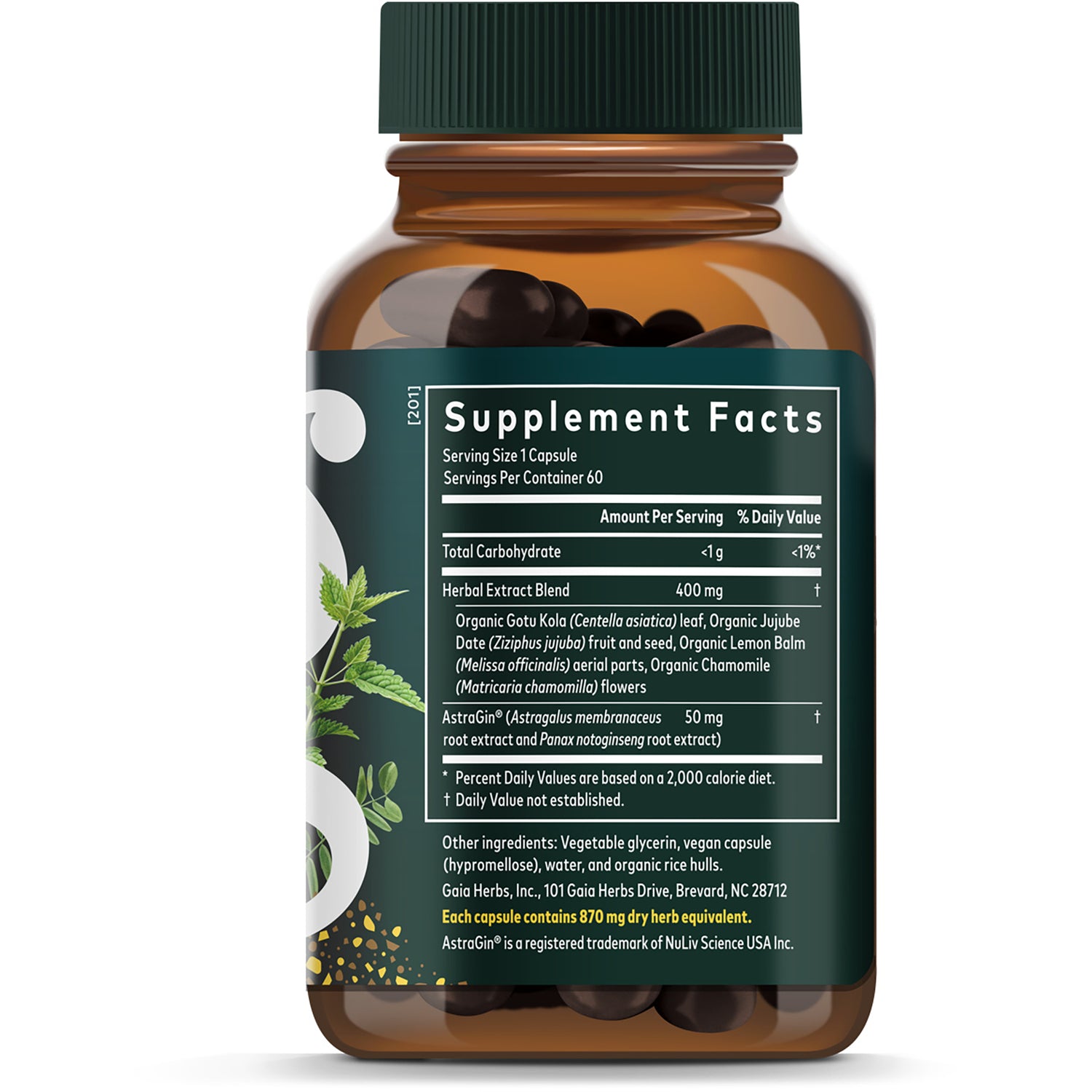 Supplement Facts and suggested use panel on green supplement box showing ingredients, serving size, and directions