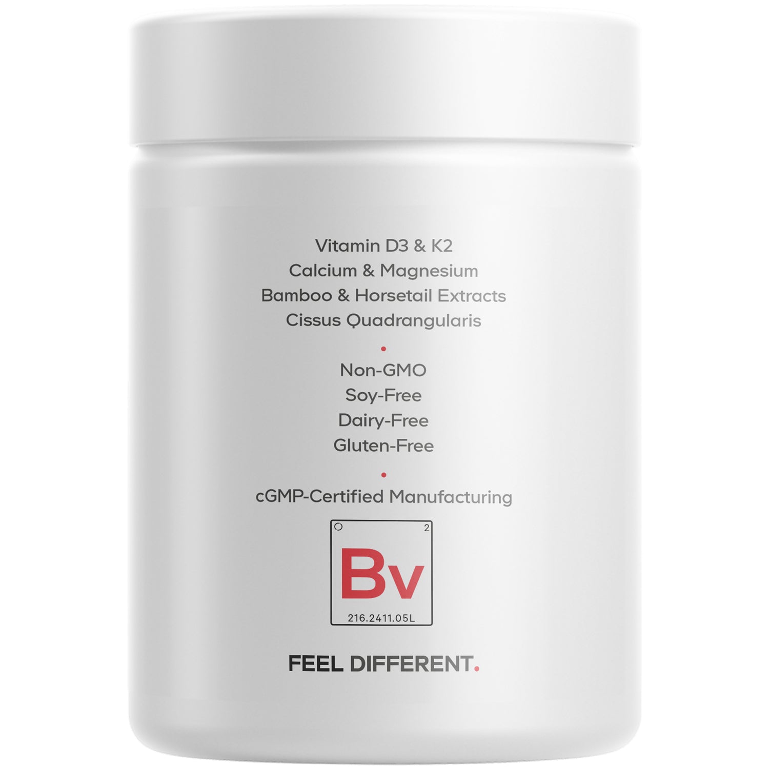 CDG044 | back label: Vitamin D3 & K2, calcium & magnesium, botanical extracts; Non-GMO, soy-free, dairy-free, gluten-free, cGMP-certified