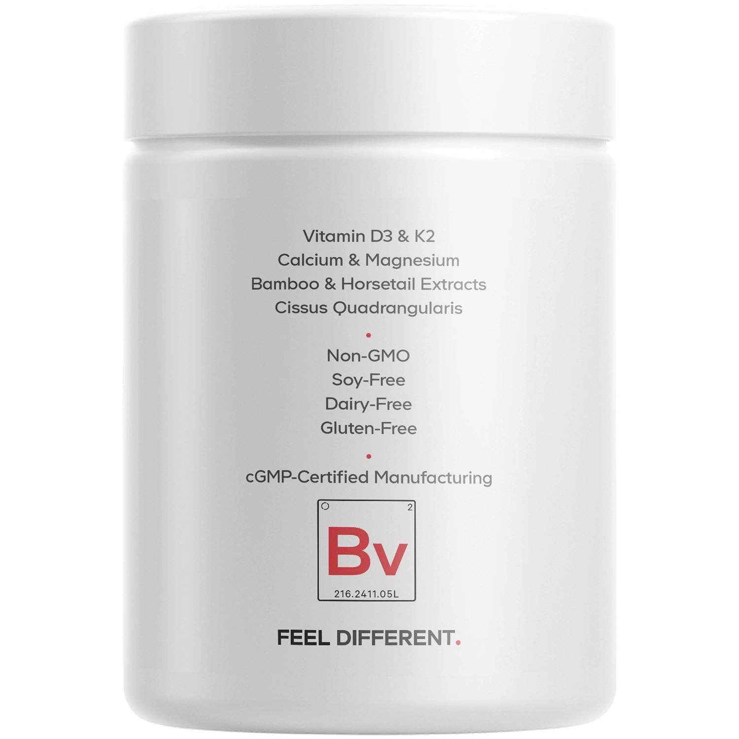 CDG044 | back label: Vitamin D3 & K2, calcium & magnesium, botanical extracts; Non-GMO, soy-free, dairy-free, gluten-free, cGMP-certified