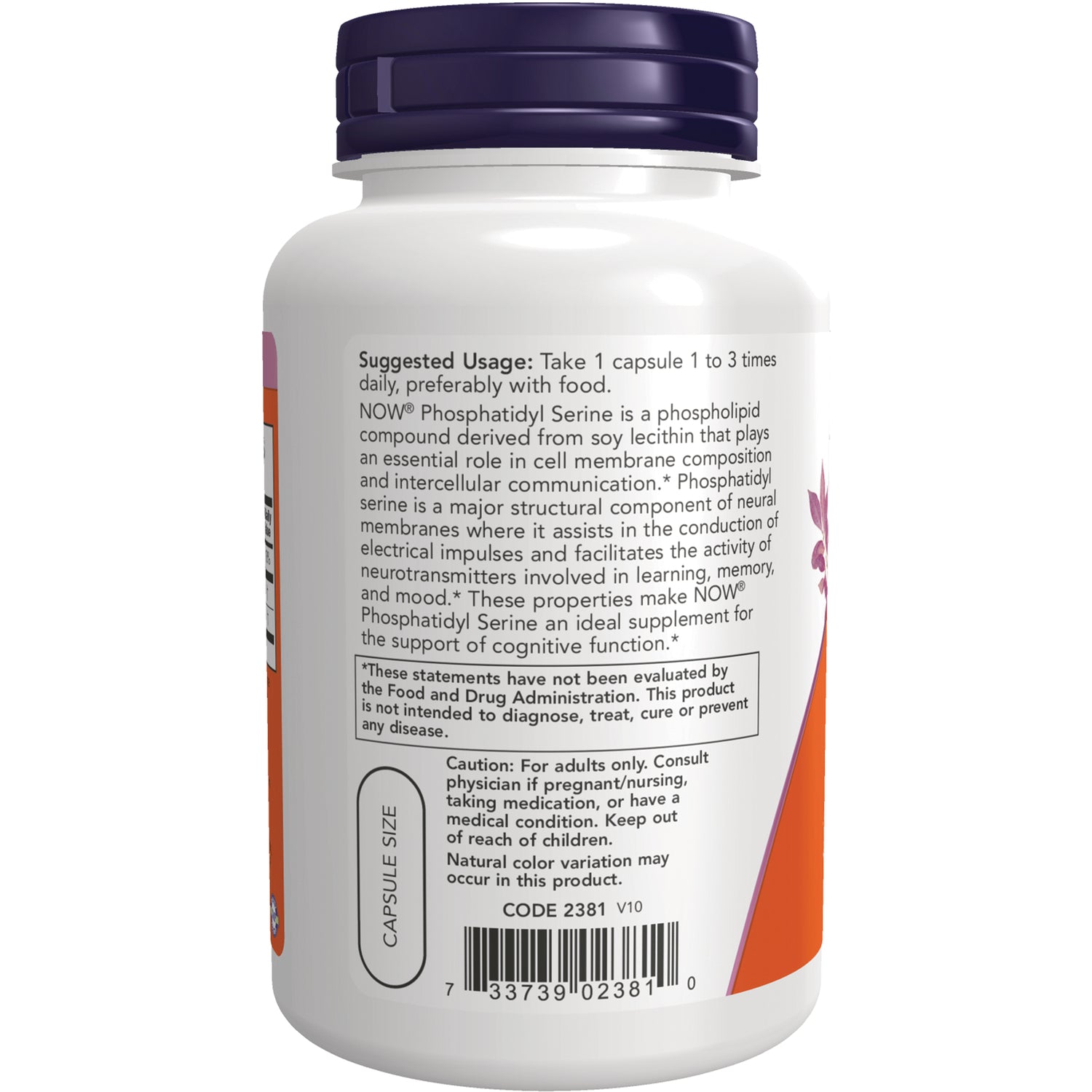 NWF1077 | Back of white supplement bottle showing suggested usage text, caution box, capsule size graphic and barcode