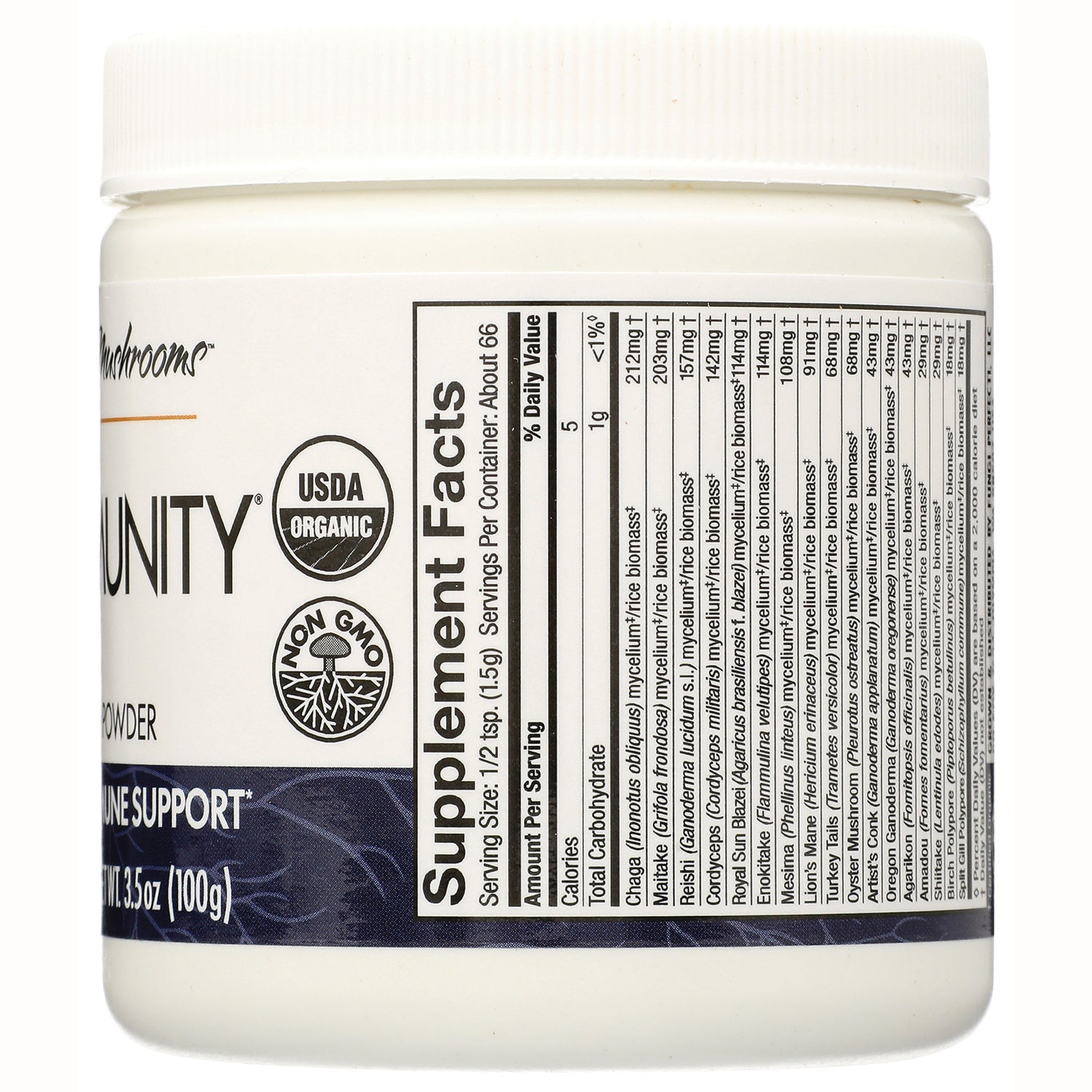 FUN047 | back of white supplement jar showing supplement facts panel and USDA Organic and Non GMO seals