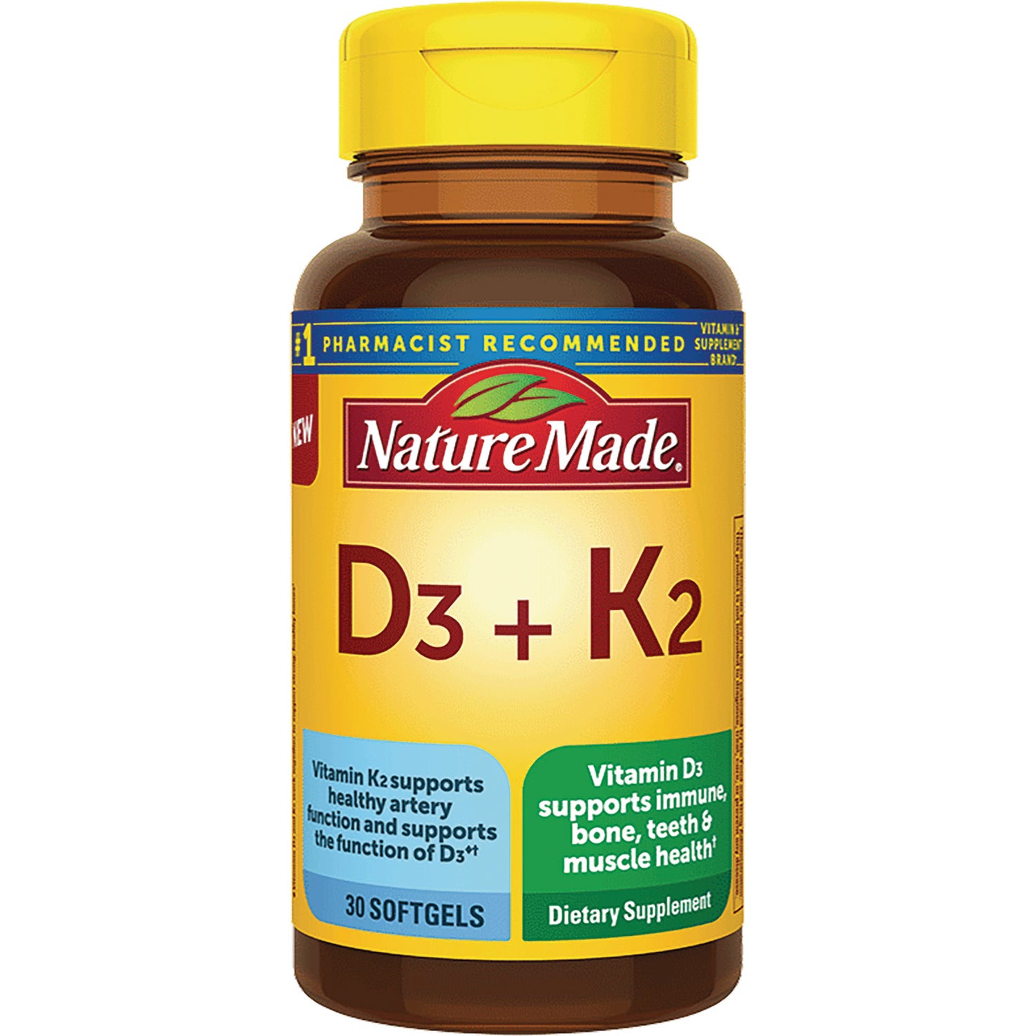 NTM150 | Nature Made D3 + K2 dietary supplement bottle with yellow label showing 30 softgels, front view
