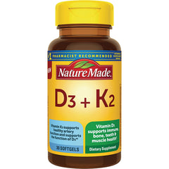 NTM150 | Nature Made D3 + K2 dietary supplement bottle with yellow label showing 30 softgels, front view