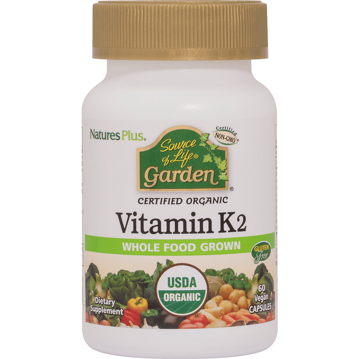 NTP293 | Front of white bottle of Source of Life Garden Vitamin K2 whole food grown USDA Organic supplement, 60 vegan capsules