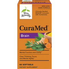 EUR010 | CuraMed Brain supplement box front showing Terry Naturally logo, turmeric and herb images, 60 softgels