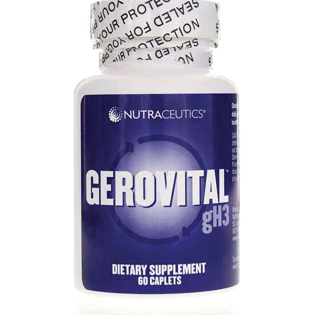 NRA001 | white bottle with blue GEROVITAL gH3 label from NutraCeutics, dietary supplement 60 caplets - Thumbnail