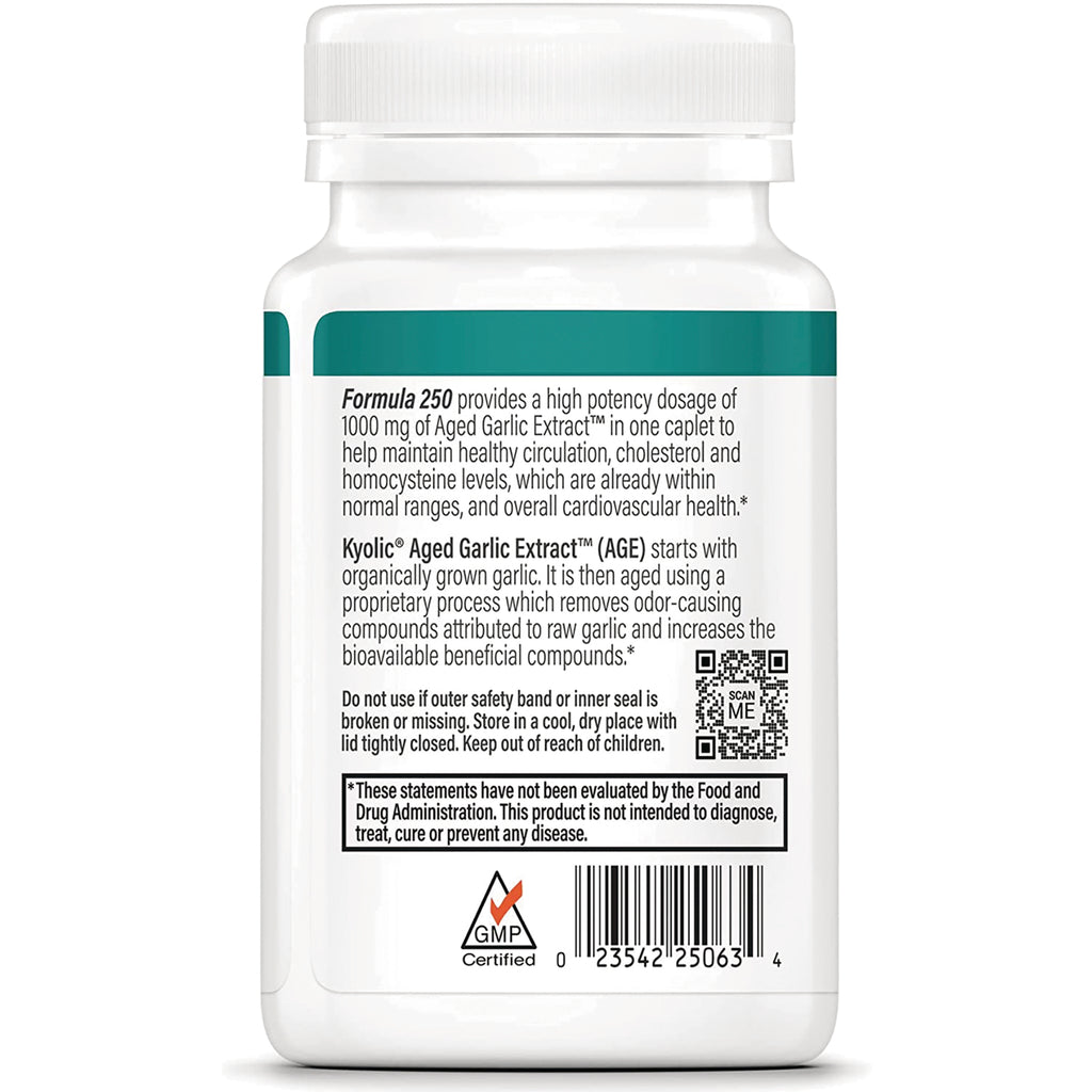 KY103 | Back label of white supplement bottle showing Formula 250 description, Kyolic Aged Garlic Extract details, QR code and barcode - Thumbnail