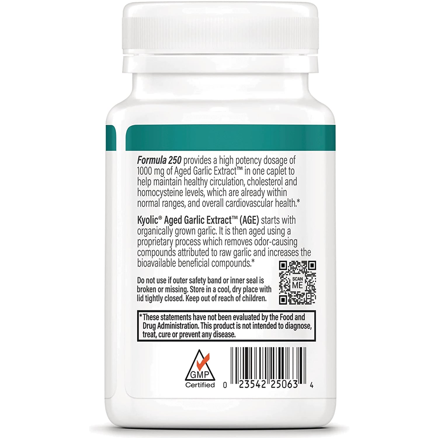 KY103 | Back label of white supplement bottle showing Formula 250 description, Kyolic Aged Garlic Extract details, QR code and barcode