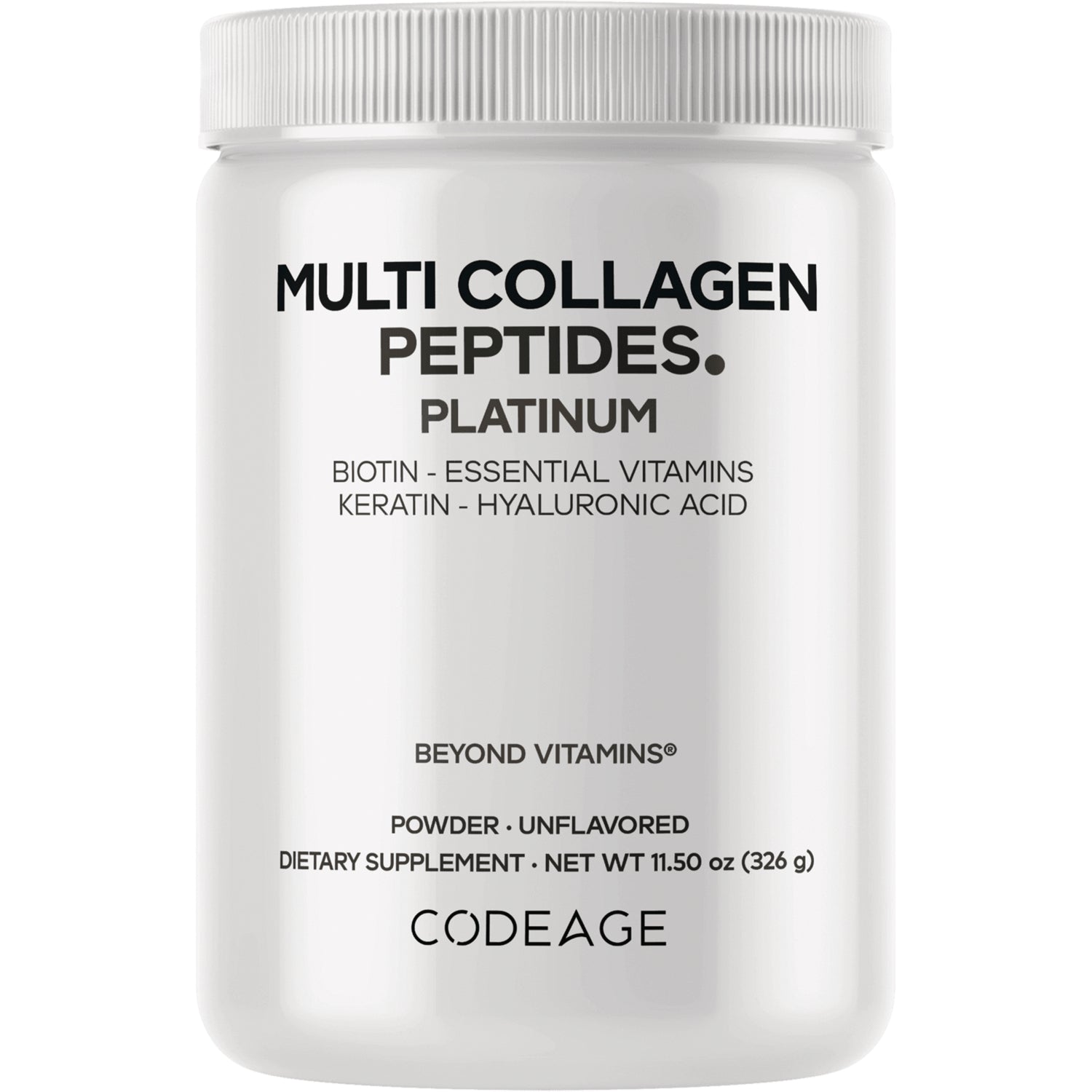 CDG029 | White jar of Multi Collagen Peptides Platinum powder by CODEAGE, unflavored dietary supplement 11.5 oz