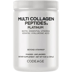 CDG029 | White jar of Multi Collagen Peptides Platinum powder by CODEAGE, unflavored dietary supplement 11.5 oz