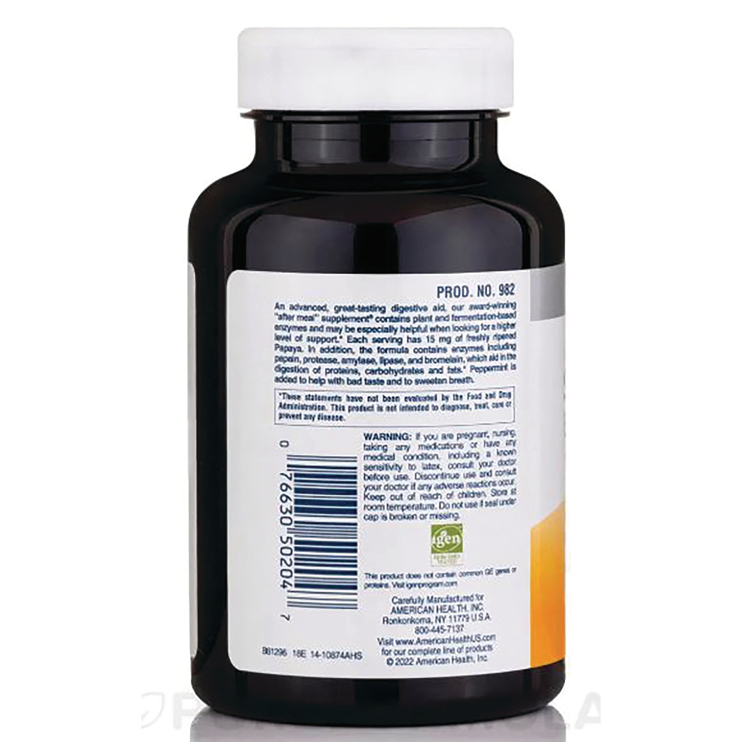 AM095 | Back label of dark supplement bottle showing ingredient text, warnings and barcode
