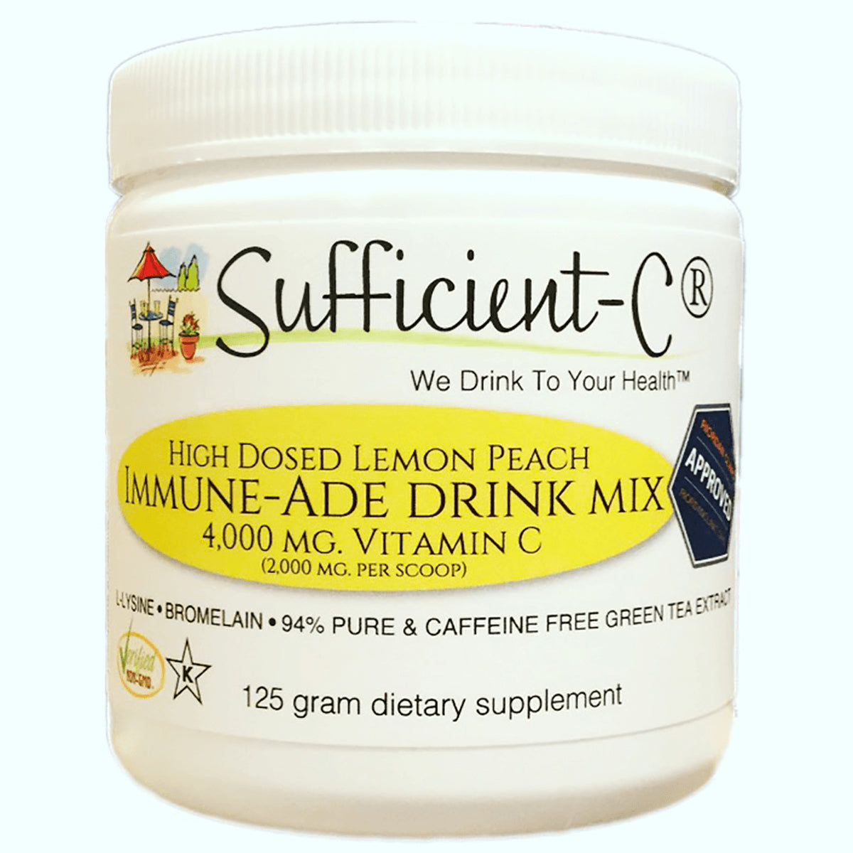 SFF001 | White jar labeled Sufficient-C Lemon Peach Immune-Ade drink mix 4,000 mg vitamin C 125 g supplement