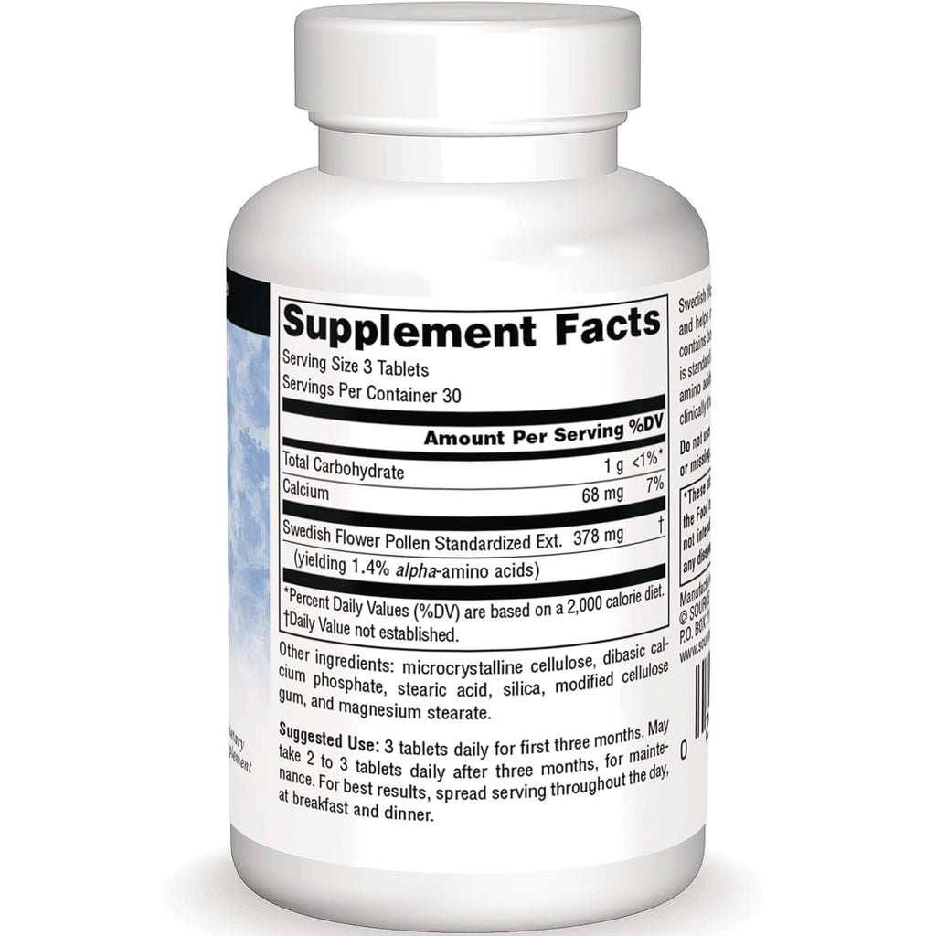 SN266 | Back label with Supplement Facts for Swedish Flower Pollen, serving size 3 tablets - Thumbnail