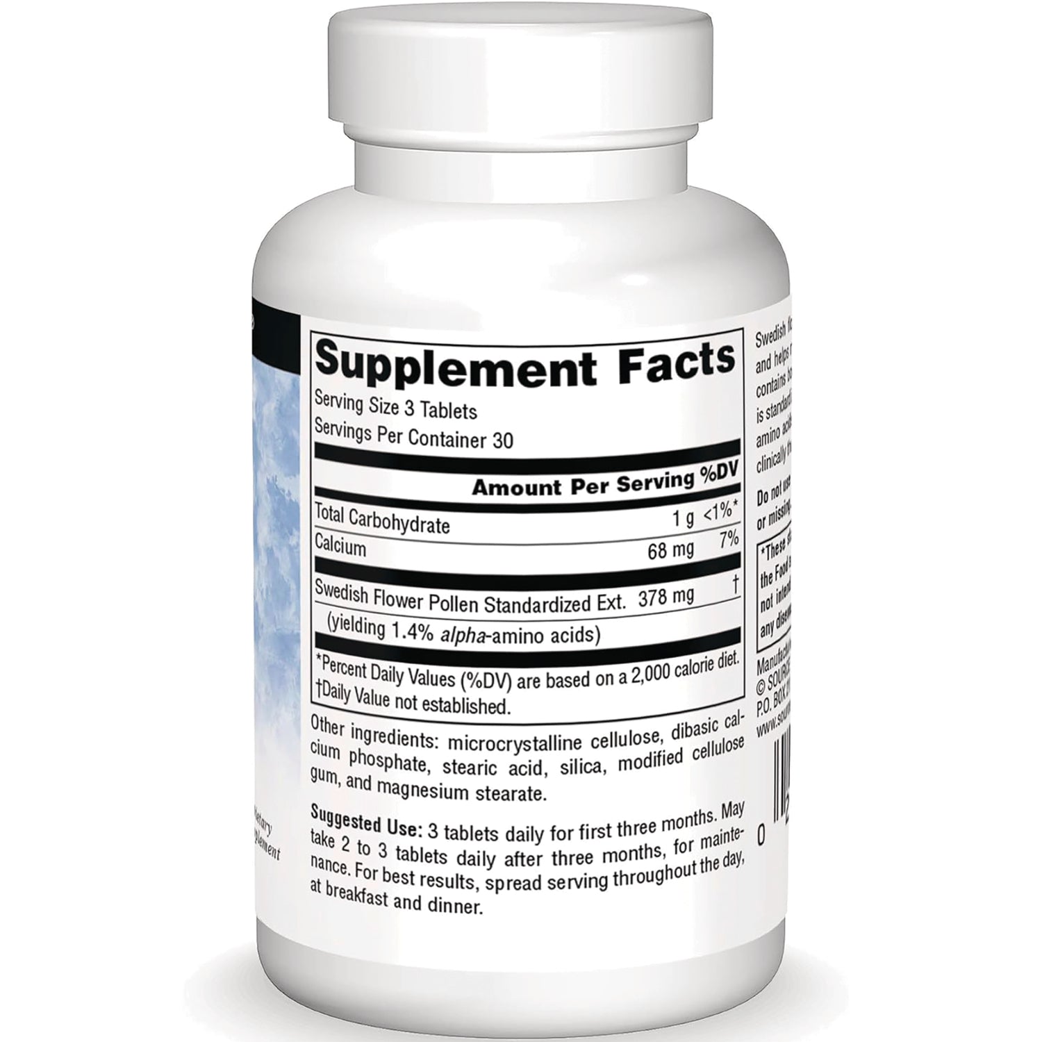 SN266 | Back label with Supplement Facts for Swedish Flower Pollen, serving size 3 tablets