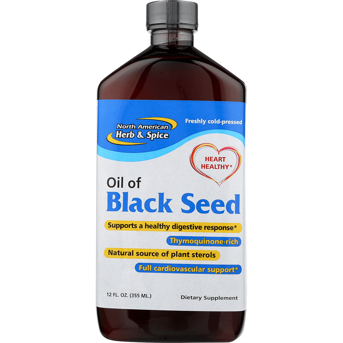 NHS050 | Bottle of Oil of Black Seed dietary supplement labeled North American Herb & Spice, 12 fl oz