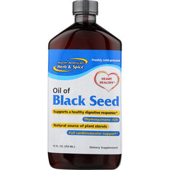 NHS050 | Bottle of Oil of Black Seed dietary supplement labeled North American Herb & Spice, 12 fl oz