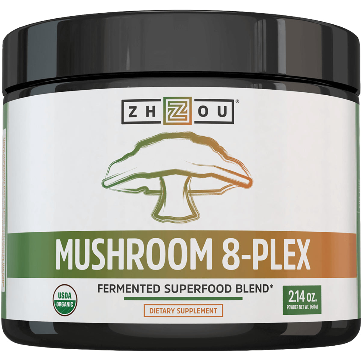 ZOU056 | Mushroom 8-Plex fermented superfood blend powder by Zhou, USDA Organic, dietary supplement, 2.14 oz