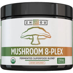 ZOU056 | Mushroom 8-Plex fermented superfood blend powder by Zhou, USDA Organic, dietary supplement, 2.14 oz