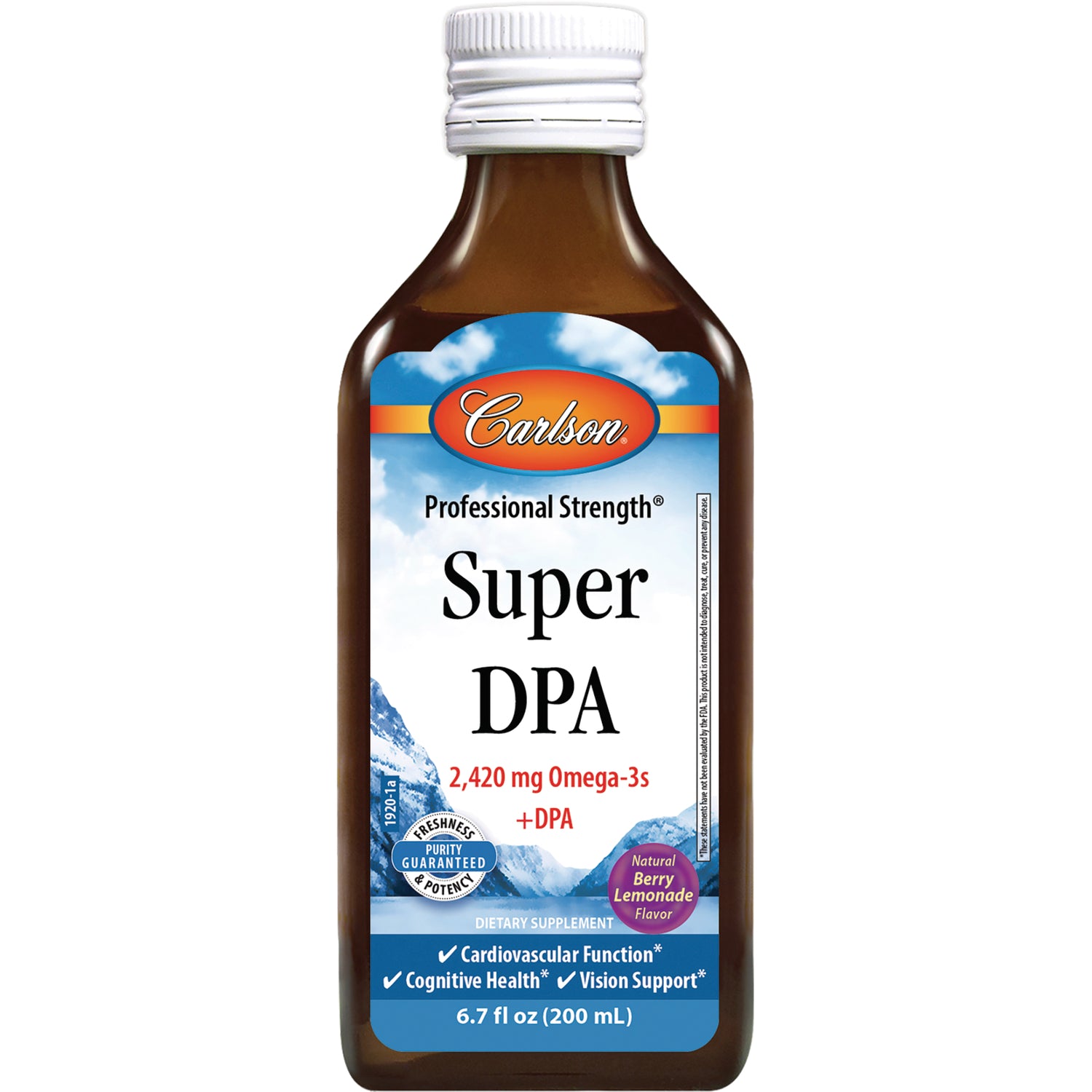 CSN318 | Brown glass bottle labeled Carlson Super DPA liquid supplement 2,420 mg Omega-3s Natural Berry Lemonade 6.7 fl oz