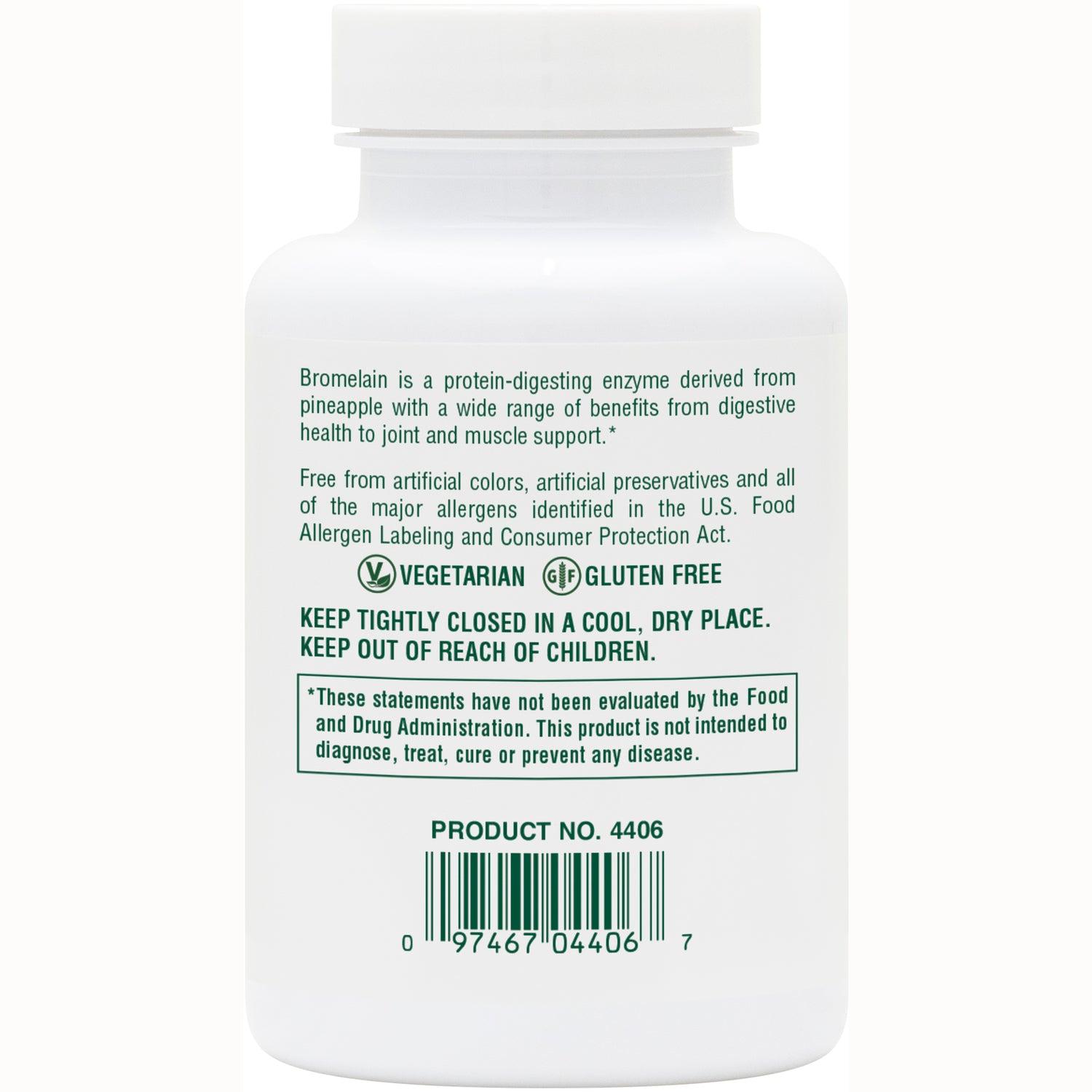 NTP101 | Back of white supplement bottle with storage instructions, vegetarian and gluten free icons, product no 4406 and barcode