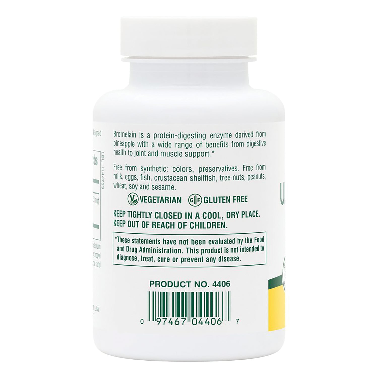 NTP101 | Back of white supplement bottle with storage instructions, vegetarian and gluten free icons, product no 4406 and barcode