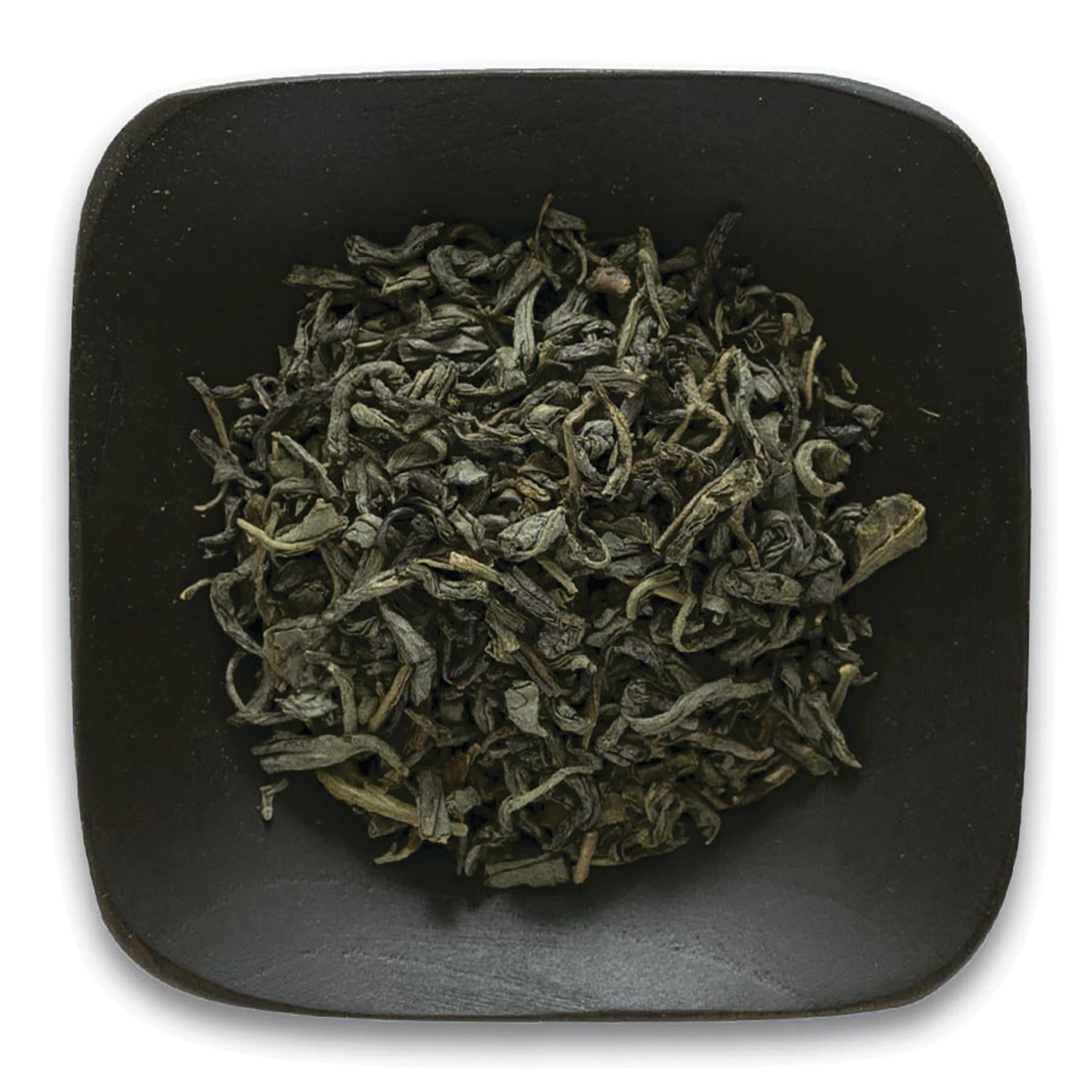 FNP028 | loose dried green tea leaves on a dark square plate