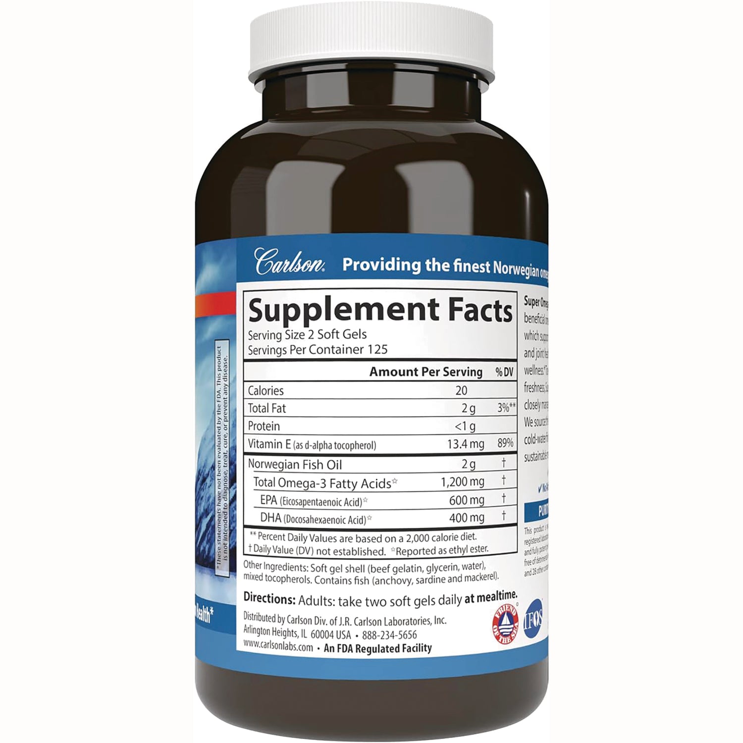 CSN146 | Back of brown supplement bottle showing Supplement Facts panel with serving size 2 soft gels and omega-3 amounts