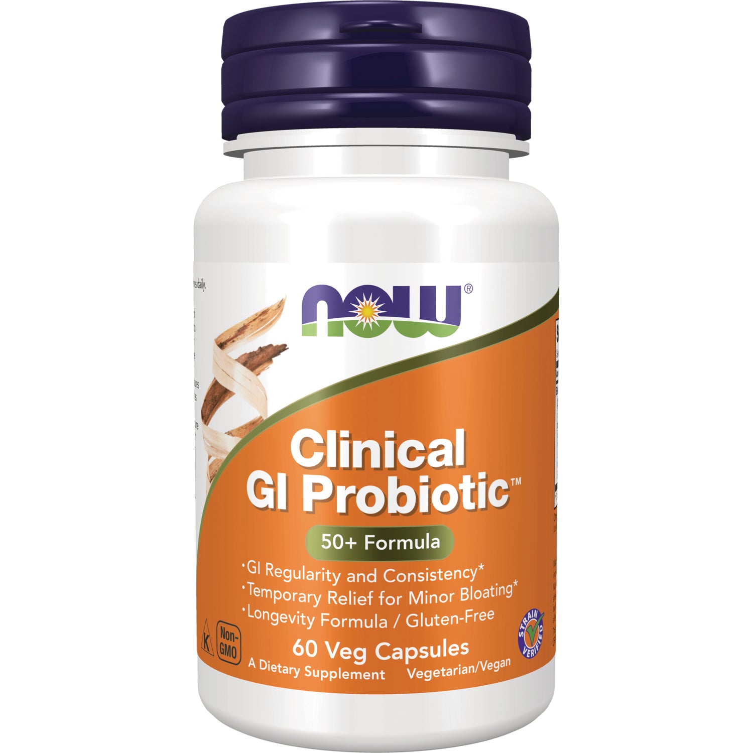 NWF1151 | NOW Clinical GI Probiotic 50+ Formula 60 Veg Capsules bottle with orange label and purple cap