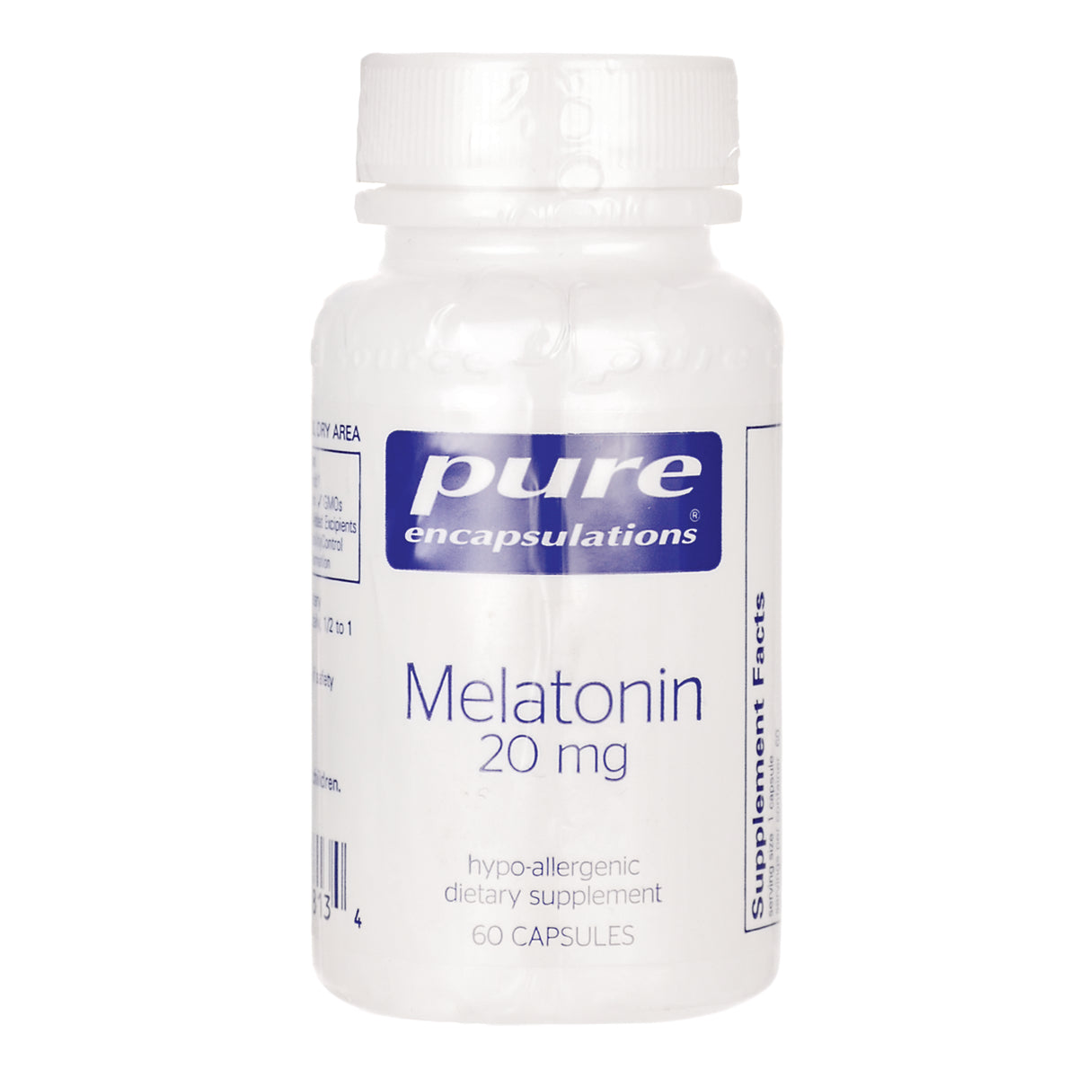 PRN058 | White bottle of Pure Encapsulations Melatonin 20 mg dietary supplement, 60 capsules