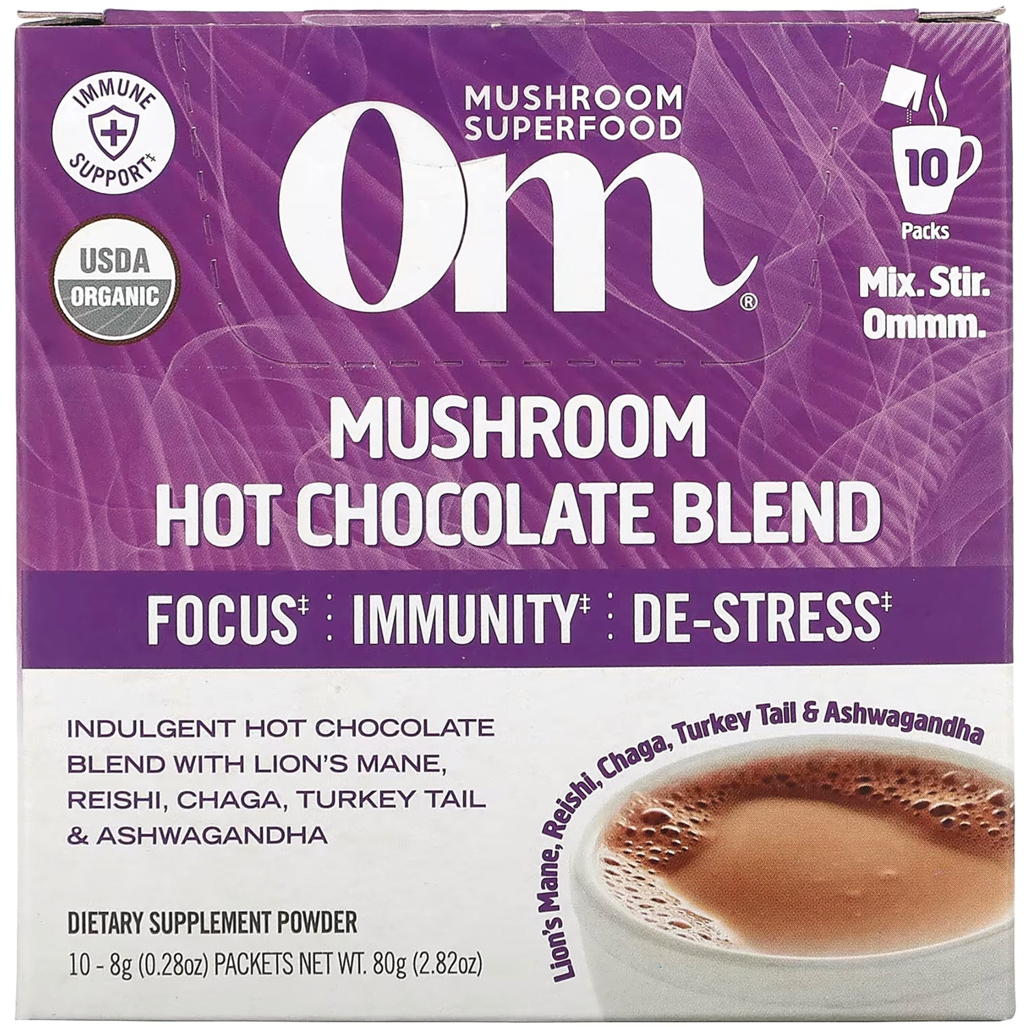 MMX038 | Om Mushroom Superfood hot chocolate blend purple box labeled Mushroom Hot Chocolate Blend, 10 packs, Focus Immunity De-Stress