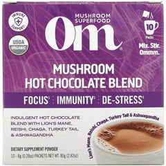 MMX038 | Om Mushroom Superfood hot chocolate blend purple box labeled Mushroom Hot Chocolate Blend, 10 packs, Focus Immunity De-Stress