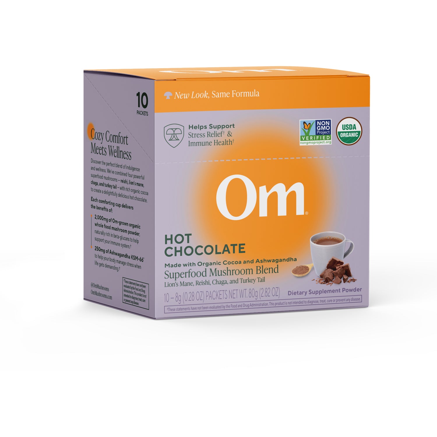 MMX038 | Om Mushroom Superfood hot chocolate blend purple box labeled Mushroom Hot Chocolate Blend, 10 packs, Focus Immunity De-Stress