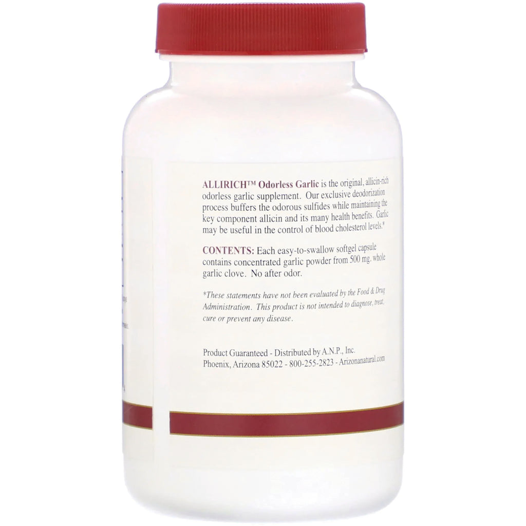 AN026 | Back label of Allirich Odorless Garlic supplement bottle showing contents and product information - Thumbnail