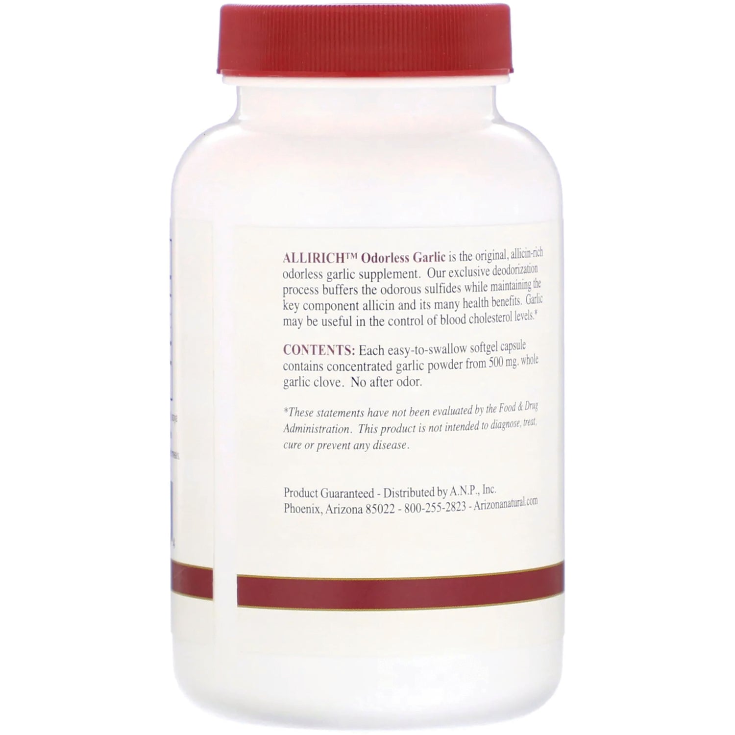 AN026 | Back label of Allirich Odorless Garlic supplement bottle showing contents and product information